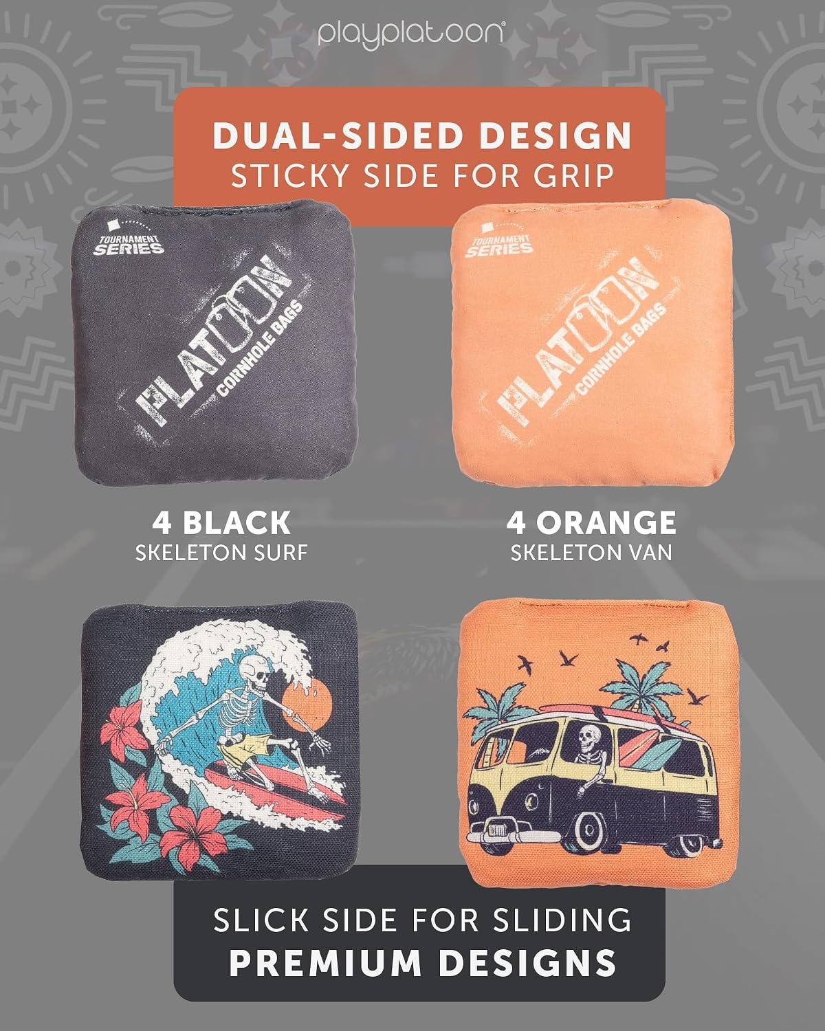 Play Platoon Pro Cornhole Bags Set of 8 – Professional Dual Sided Slick and Sticky Side Competition Corn Hole Bags – Tournament Series(Black / Orange Skeleton Surf)