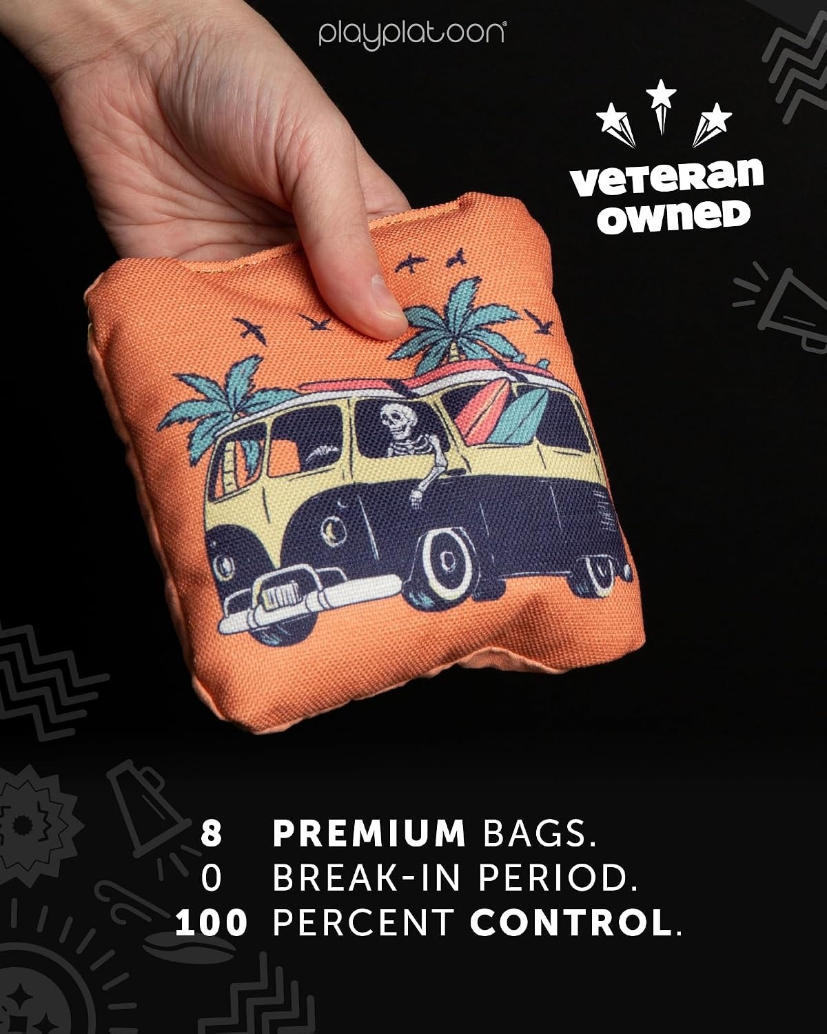 Play Platoon Pro Cornhole Bags Set of 8 – Professional Dual Sided Slick and Sticky Side Competition Corn Hole Bags – Tournament Series(Black / Orange Skeleton Surf) - view 4