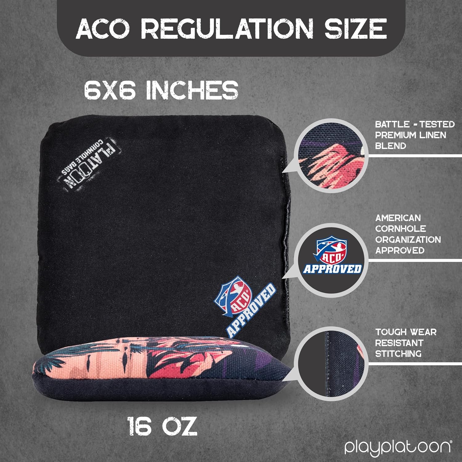 Play Platoon Cornhole Bags Set of 8 Regulation Professional Corn Hole Bean Bags ACO Approved, Competition Weight, Slick and Stick(Black/Orange Desert Bronco)