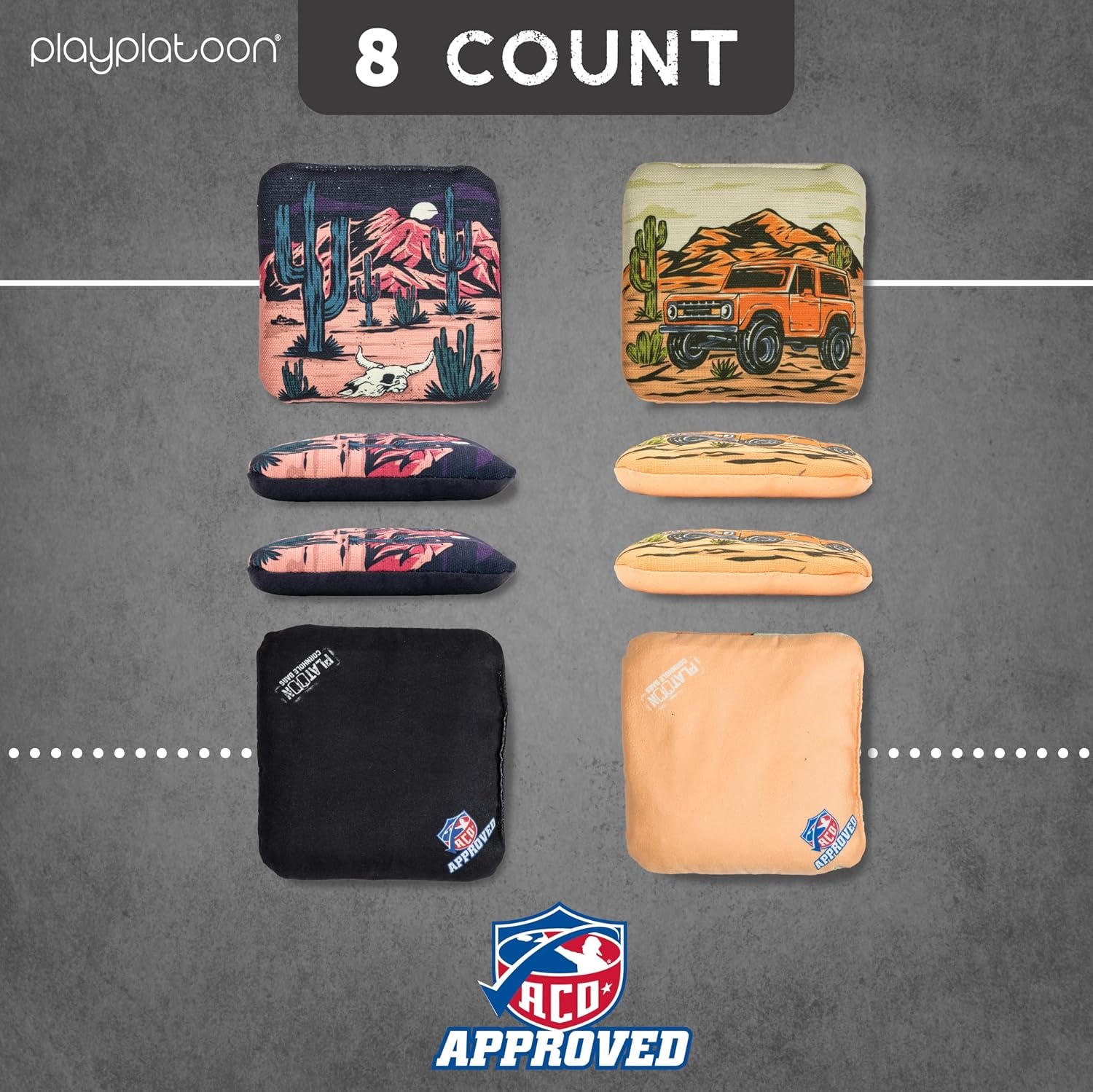 Play Platoon Cornhole Bags Set of 8 Regulation Professional Corn Hole Bean Bags ACO Approved, Competition Weight, Slick and Stick(Black/Orange Desert Bronco) - view 5