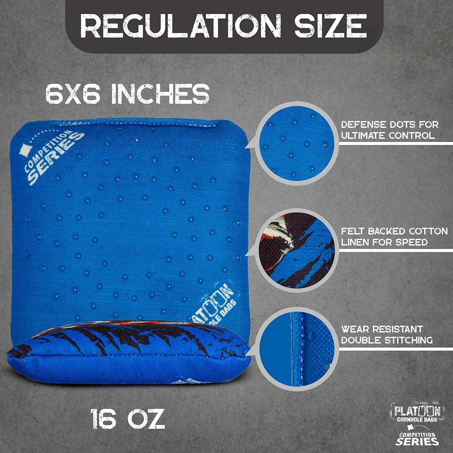 Play Platoon Competition Series Cornhole Bags Set of 8 Regulation Professional Weight Double Sided Slick and Stick with Rubber Sticky Dot Slow Side for Pro Corn Hole Bean Bag Toss Game-Designed in USA(Red/Blue Punisher)