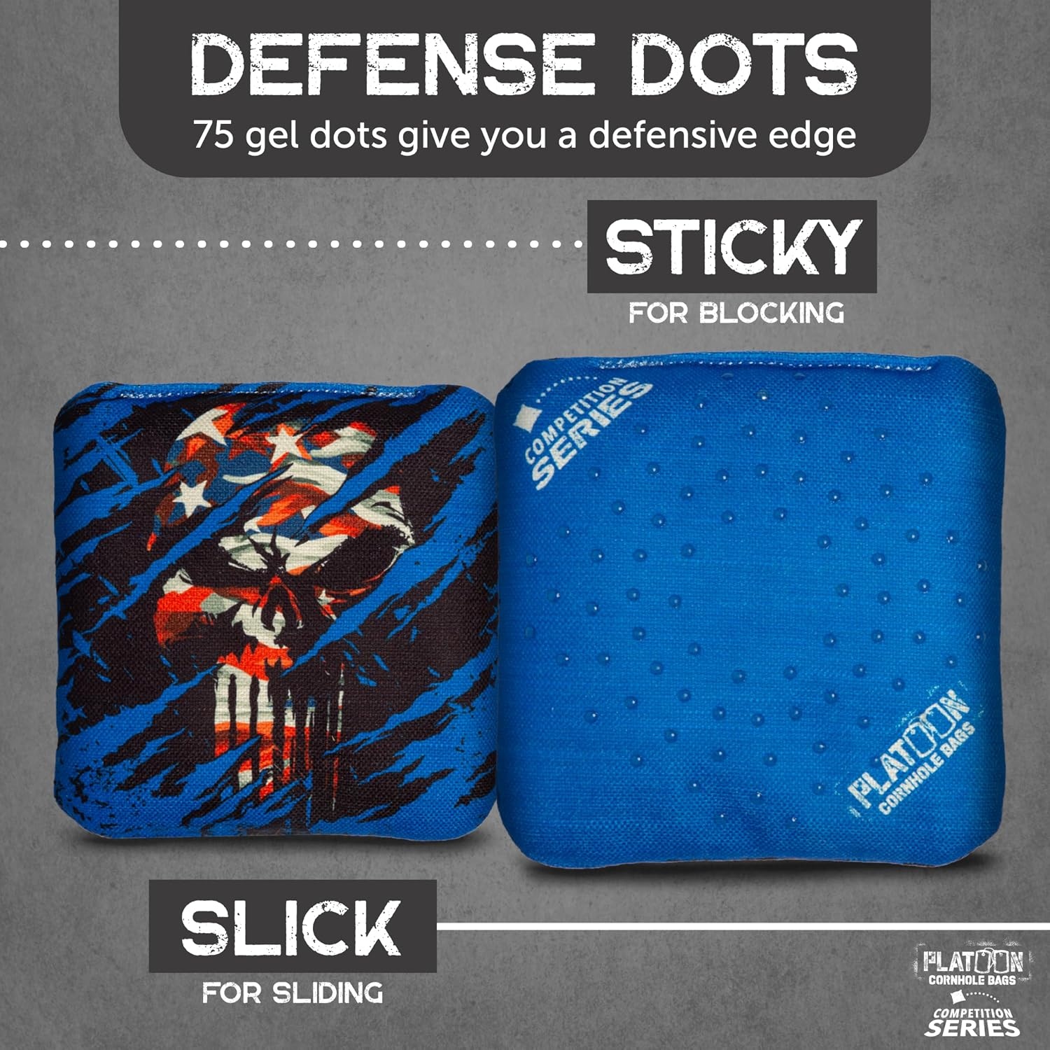 Play Platoon Competition Series Cornhole Bags Set of 8 Regulation Professional Weight Double Sided Slick and Stick with Rubber Sticky Dot Slow Side for Pro Corn Hole Bean Bag Toss Game-Designed in USA(Red/Blue Punisher) - view 2