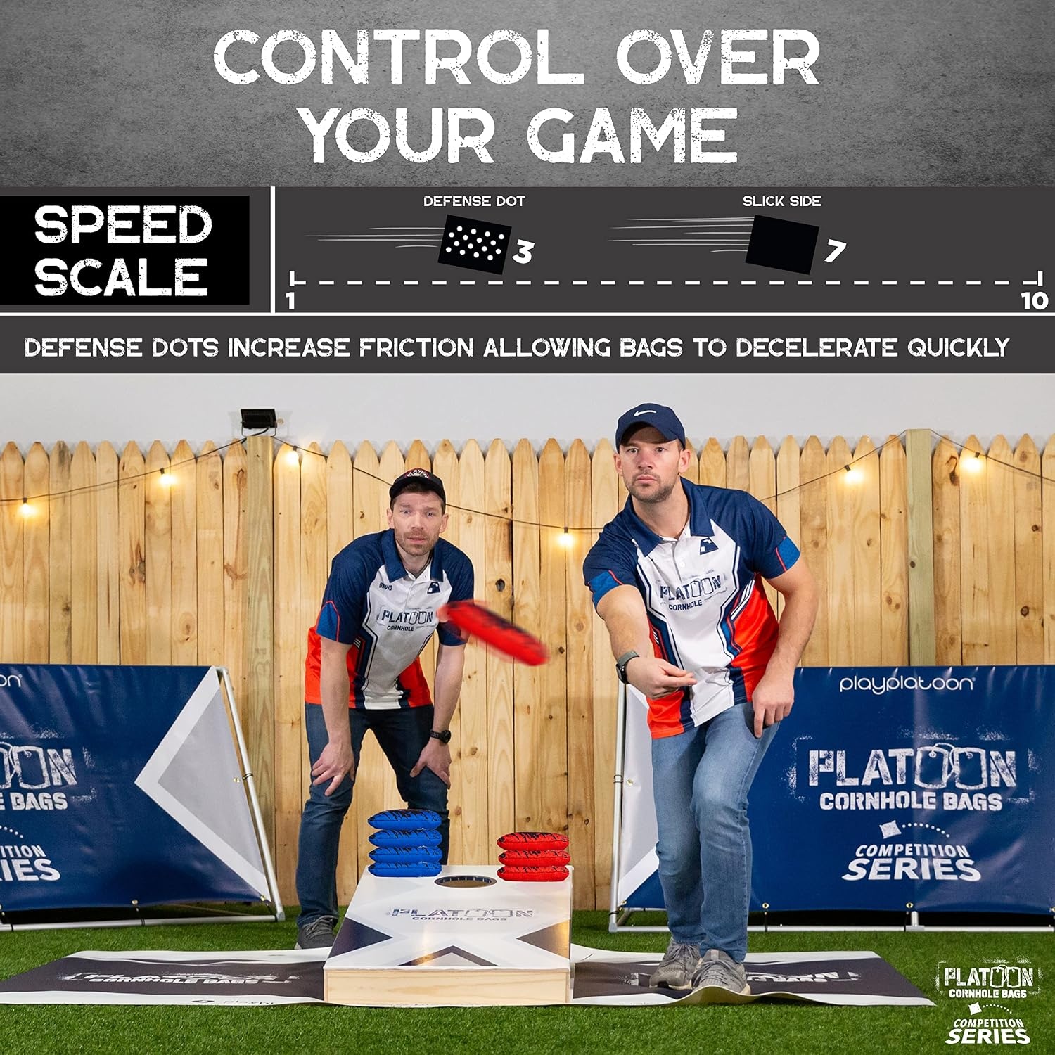 Play Platoon Competition Series Cornhole Bags Set of 8 Regulation Professional Weight Double Sided Slick and Stick with Rubber Sticky Dot Slow Side for Pro Corn Hole Bean Bag Toss Game-Designed in USA(Red/Blue Punisher) - view 3