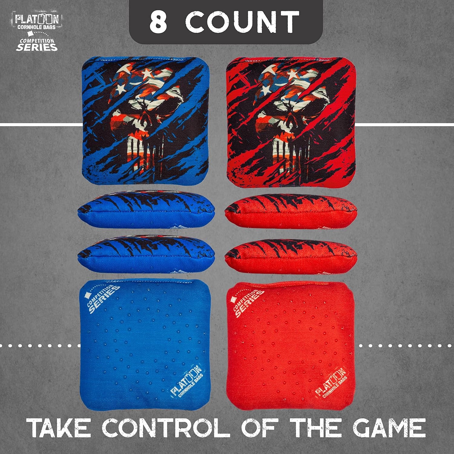 Play Platoon Competition Series Cornhole Bags Set of 8 Regulation Professional Weight Double Sided Slick and Stick with Rubber Sticky Dot Slow Side for Pro Corn Hole Bean Bag Toss Game-Designed in USA(Red/Blue Punisher) - view 5