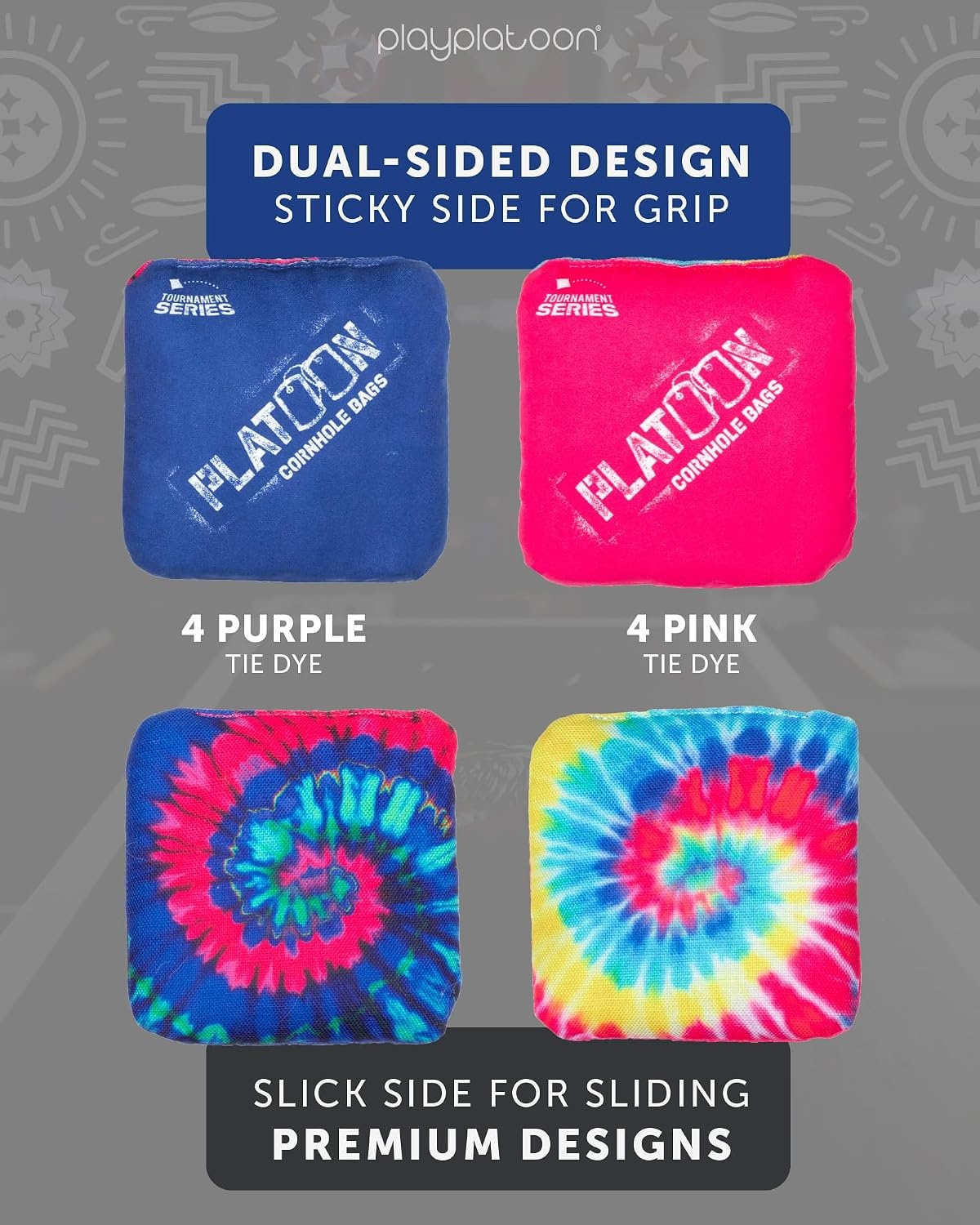 Play Platoon Pro Cornhole Bags Set of 8 – Professional Dual Sided Slick and Sticky Side Competition Corn Hole Bags – Tournament Series(Bright / Dark Tie Dye)