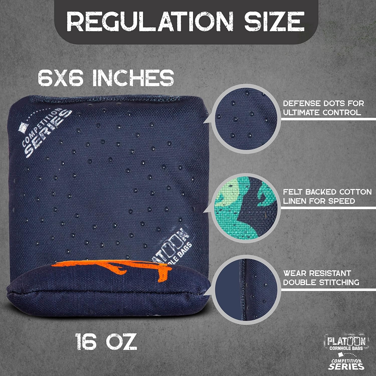Play Platoon Competition Series Cornhole Bags Set of 8 Regulation Professional Weight Double Sided Slick and Stick with Rubber Sticky Dot Slow Side for Pro Corn Hole Bean Bag Toss Game-Designed in USA(Orange/Blue Squatch & Mountain Range)