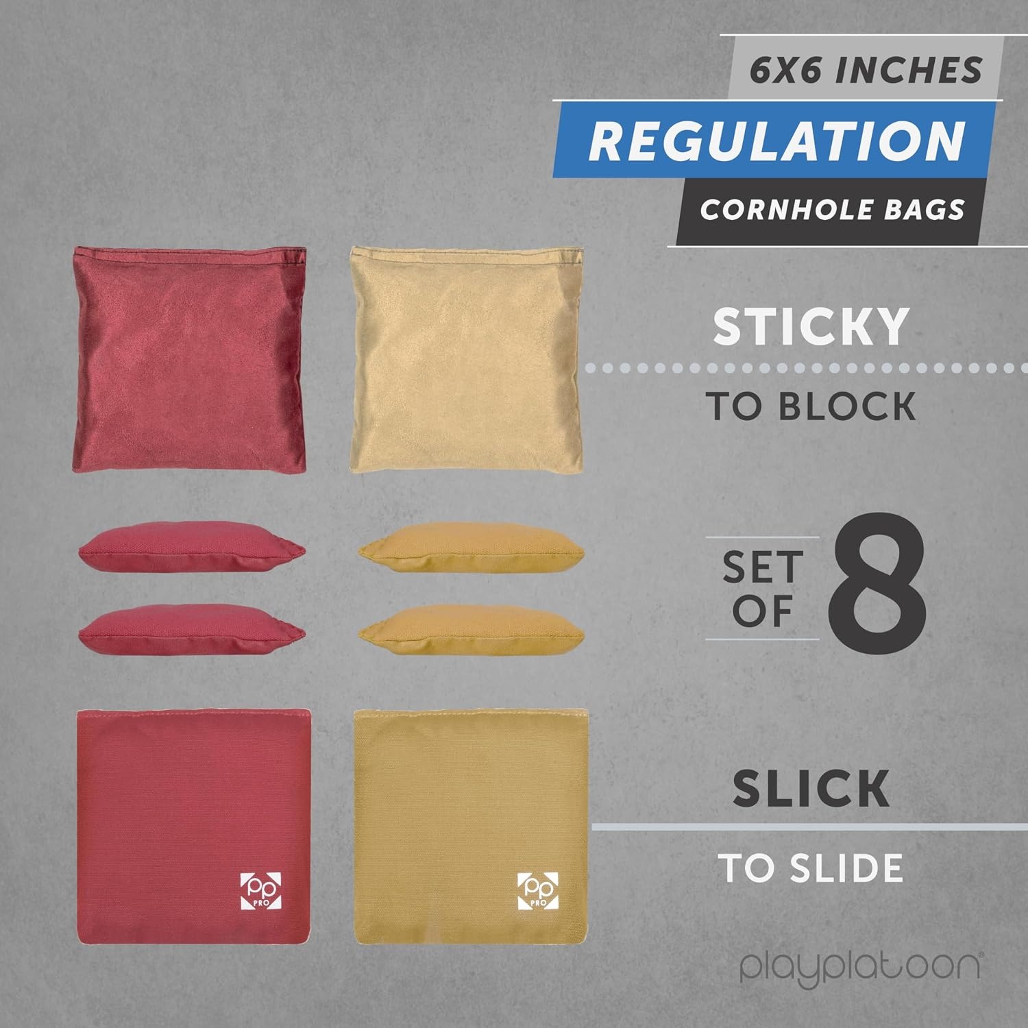 Play Platoon Professional Cornhole Bags – Set of 8 Regulation All Weather Two Sided Improved Bean Bags for Pro Corn Hole Game – 4 Burgundy & 4 Gold
