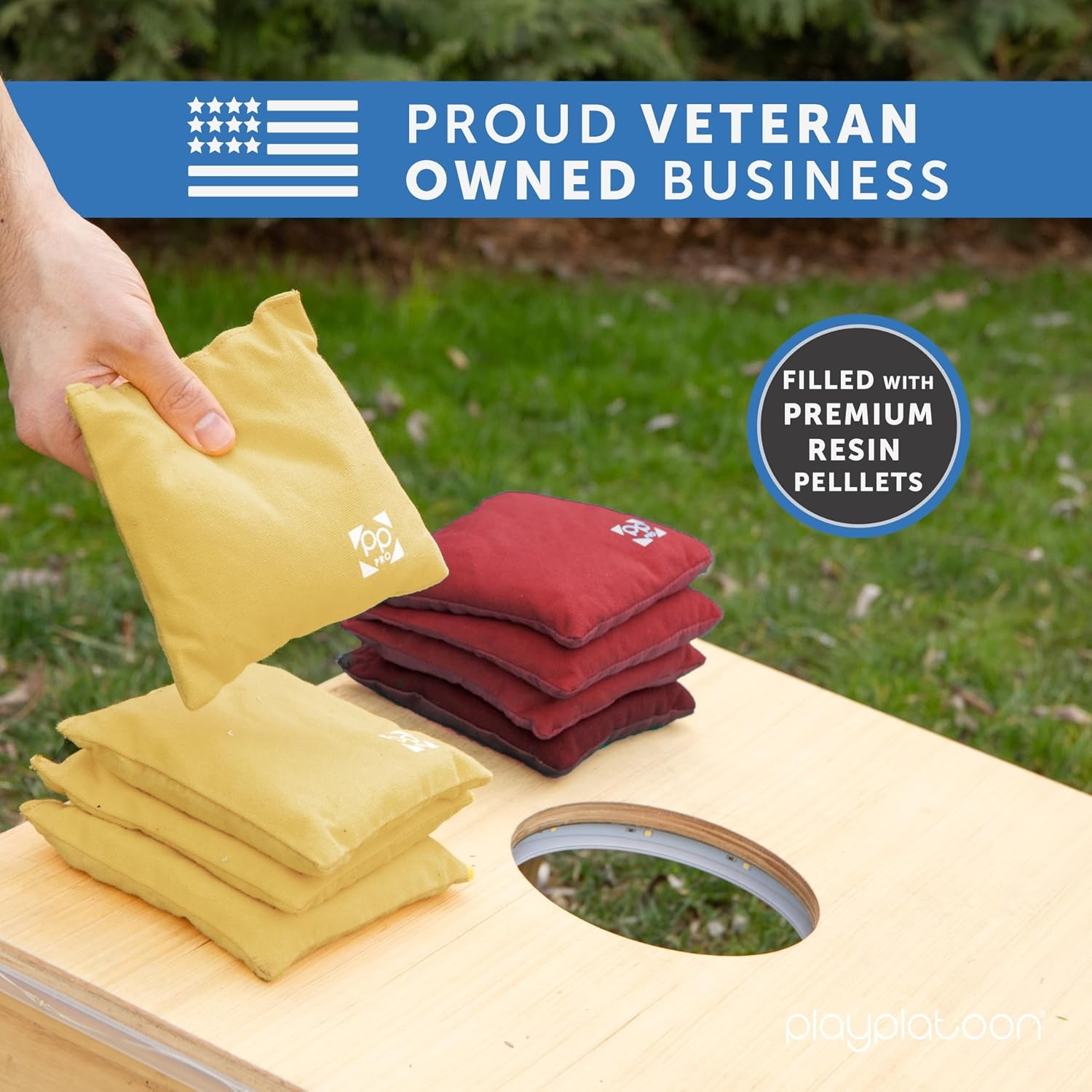 Play Platoon Professional Cornhole Bags – Set of 8 Regulation All Weather Two Sided Improved Bean Bags for Pro Corn Hole Game – 4 Burgundy & 4 Gold - view 5