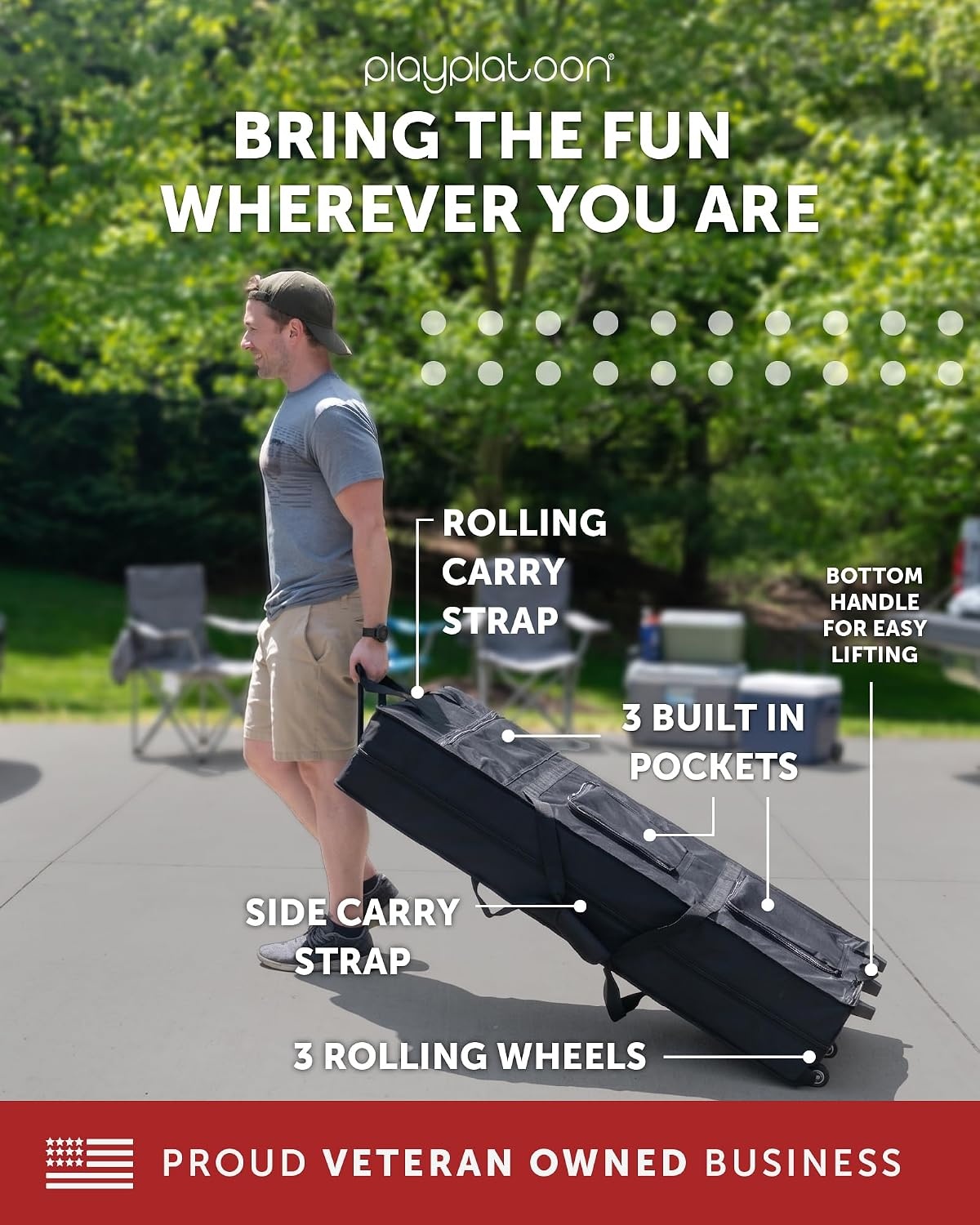 Play Platoon Cornhole Board Carrying Case with Wheels – Regulation Rolling Carry Bag for Two 4′ x 2′ Corn Hole Boards, Set of 8 Bags & Accessories Storage Pocket