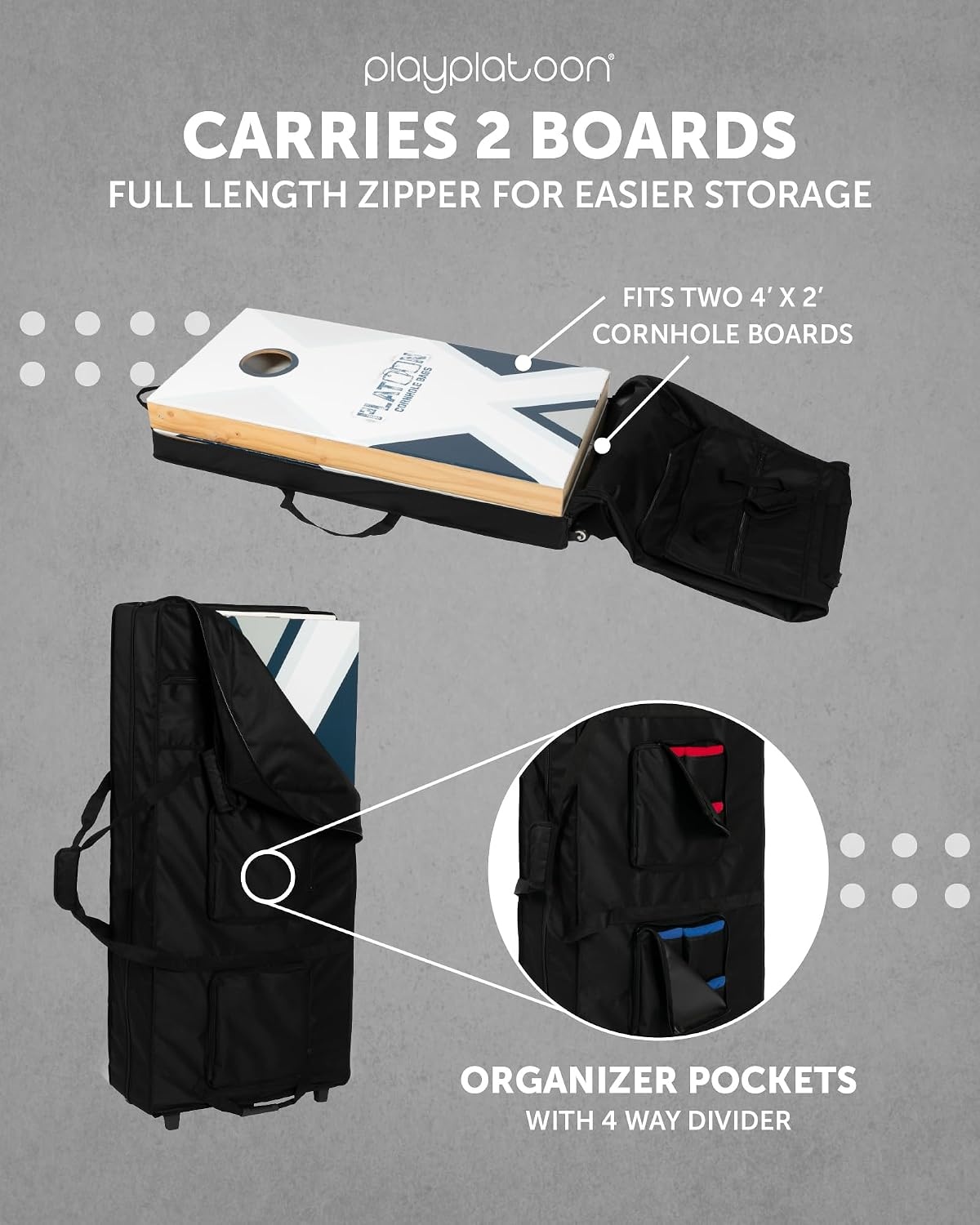 Play Platoon Cornhole Board Carrying Case with Wheels – Regulation Rolling Carry Bag for Two 4′ x 2′ Corn Hole Boards, Set of 8 Bags & Accessories Storage Pocket - view 3