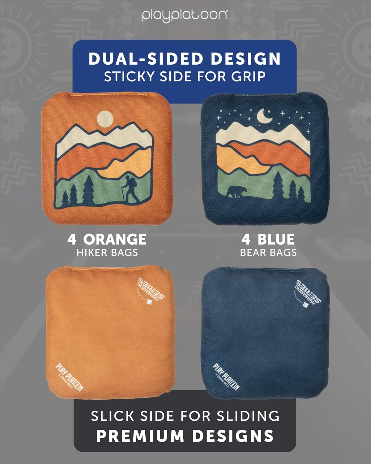 Play Platoon Pro Cornhole Bags Set of 8 – Professional Dual Sided Slick and Sticky Side Competition Corn Hole Bags – Tournament Series(Blue/Orange Bear & Hiker)