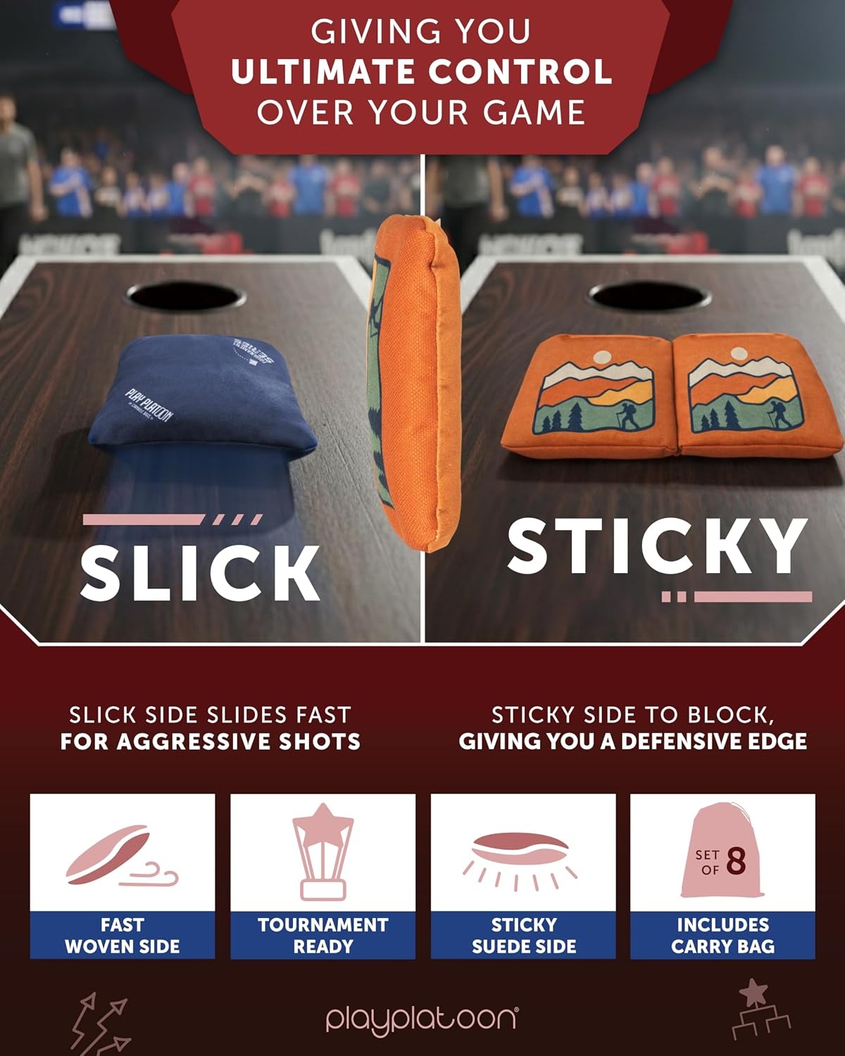 Play Platoon Pro Cornhole Bags Set of 8 – Professional Dual Sided Slick and Sticky Side Competition Corn Hole Bags – Tournament Series(Blue/Orange Bear & Hiker) - view 3