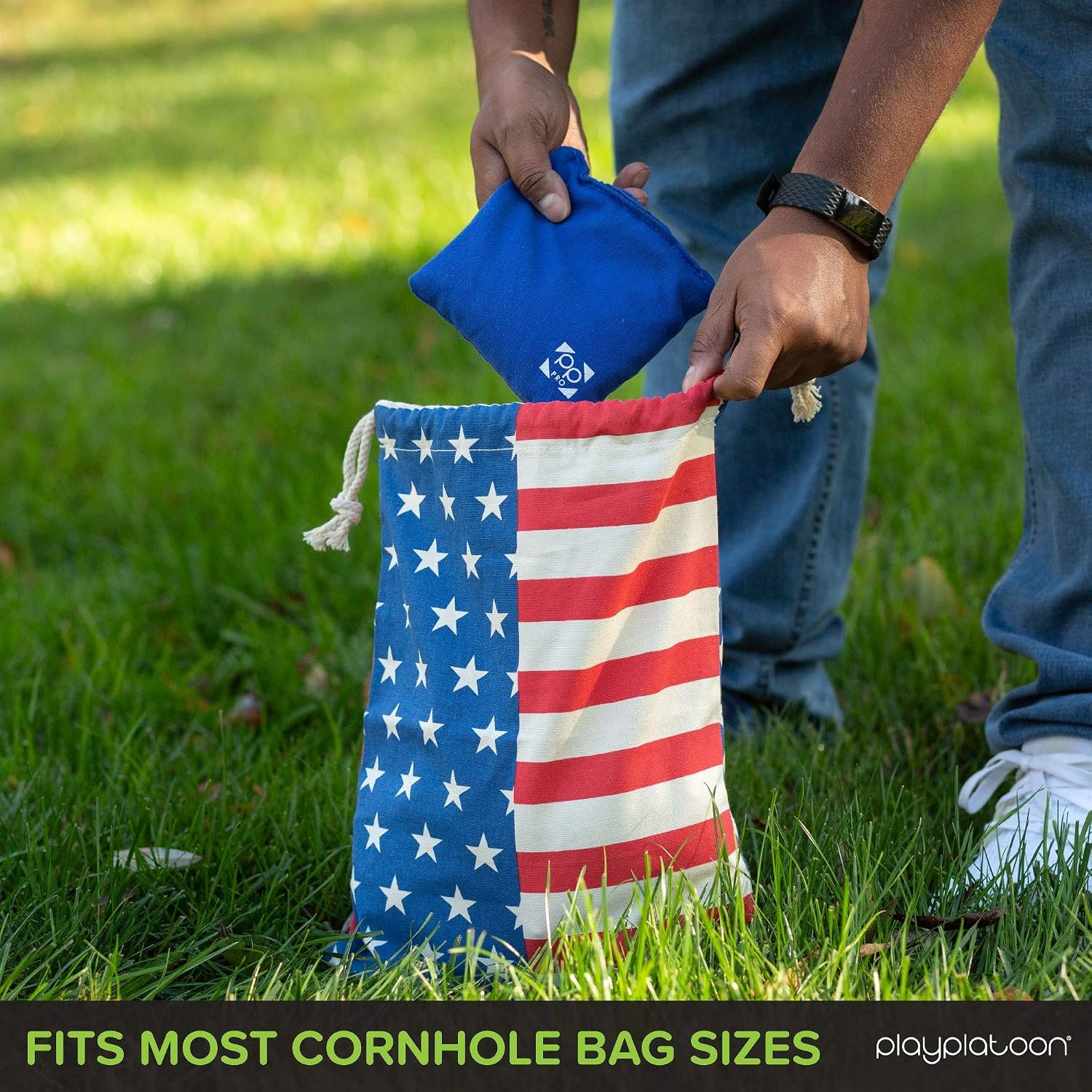Play Platoon Cornhole Bag Holder – Tote Bag for Carrying Corn Hole Bean Bags(8  Navy String) - view 2