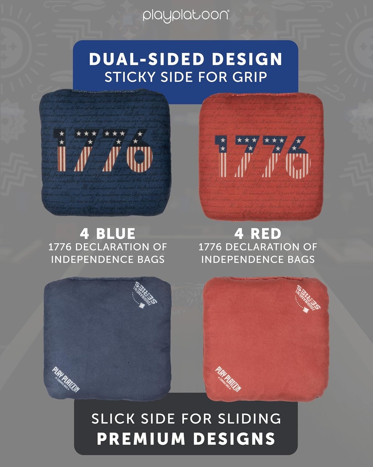 Play Platoon Pro Cornhole Bags Set of 8 – Professional Dual Sided Slick and Sticky Side Competition Corn Hole Bags – Tournament Series(Blue/Red 1776)