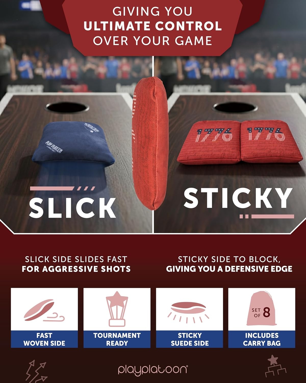 Play Platoon Pro Cornhole Bags Set of 8 – Professional Dual Sided Slick and Sticky Side Competition Corn Hole Bags – Tournament Series(Blue/Red 1776) - view 3
