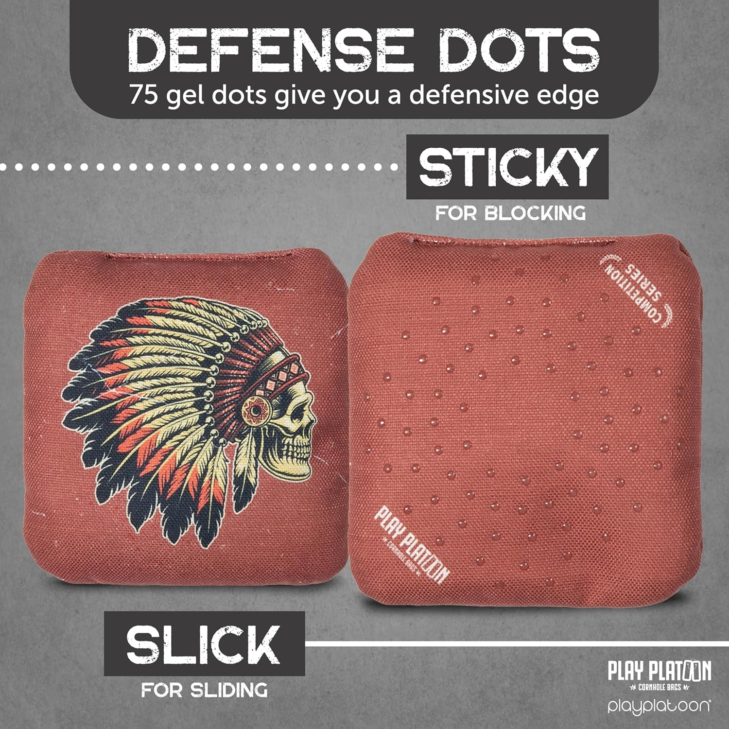 Play Platoon Competition Series Cornhole Bags Set of 8 Regulation Professional Weight Double Sided Slick and Stick with Rubber Sticky Dot Slow Side for Pro Corn Hole Bean Bag Toss Game-Designed in USA(Red/Black Chief & Outlaw) - view 3