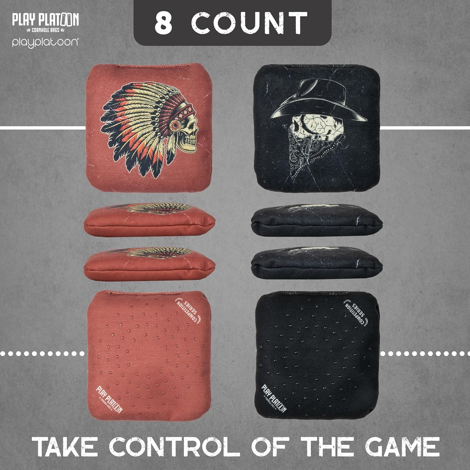 Play Platoon Competition Series Cornhole Bags Set of 8 Regulation Professional Weight Double Sided Slick and Stick with Rubber Sticky Dot Slow Side for Pro Corn Hole Bean Bag Toss Game-Designed in USA(Red/Black Chief & Outlaw) - view 5