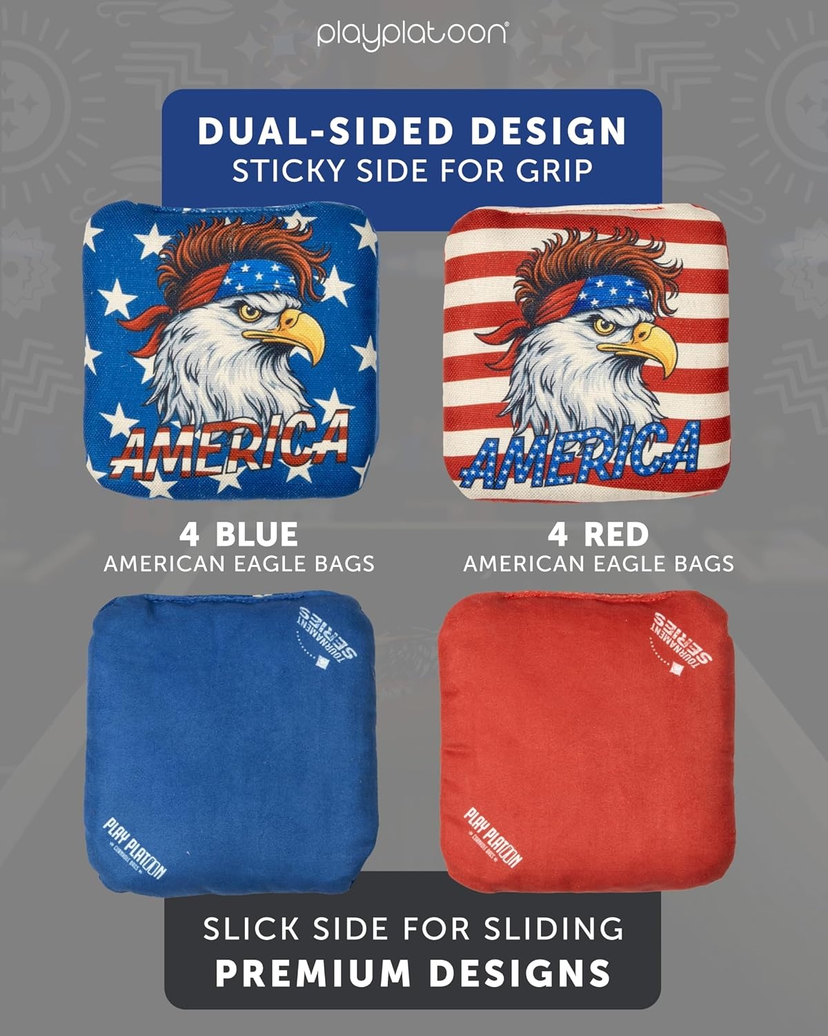 Play Platoon Pro Cornhole Bags Set of 8 – Professional Dual Sided Slick and Sticky Side Competition Corn Hole Bags – Tournament Series(Blue/Red America Eagle)
