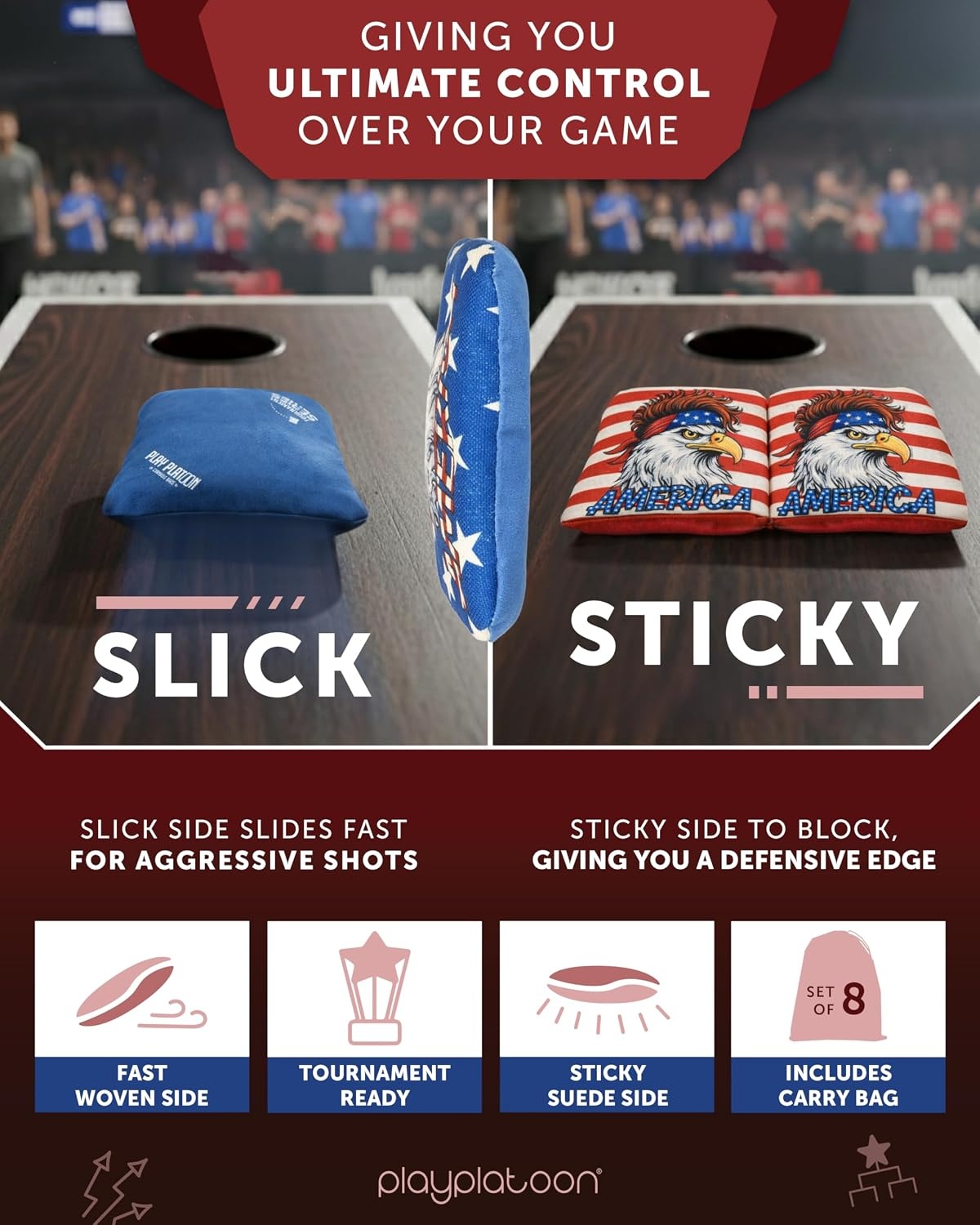 Play Platoon Pro Cornhole Bags Set of 8 – Professional Dual Sided Slick and Sticky Side Competition Corn Hole Bags – Tournament Series(Blue/Red America Eagle) - view 3