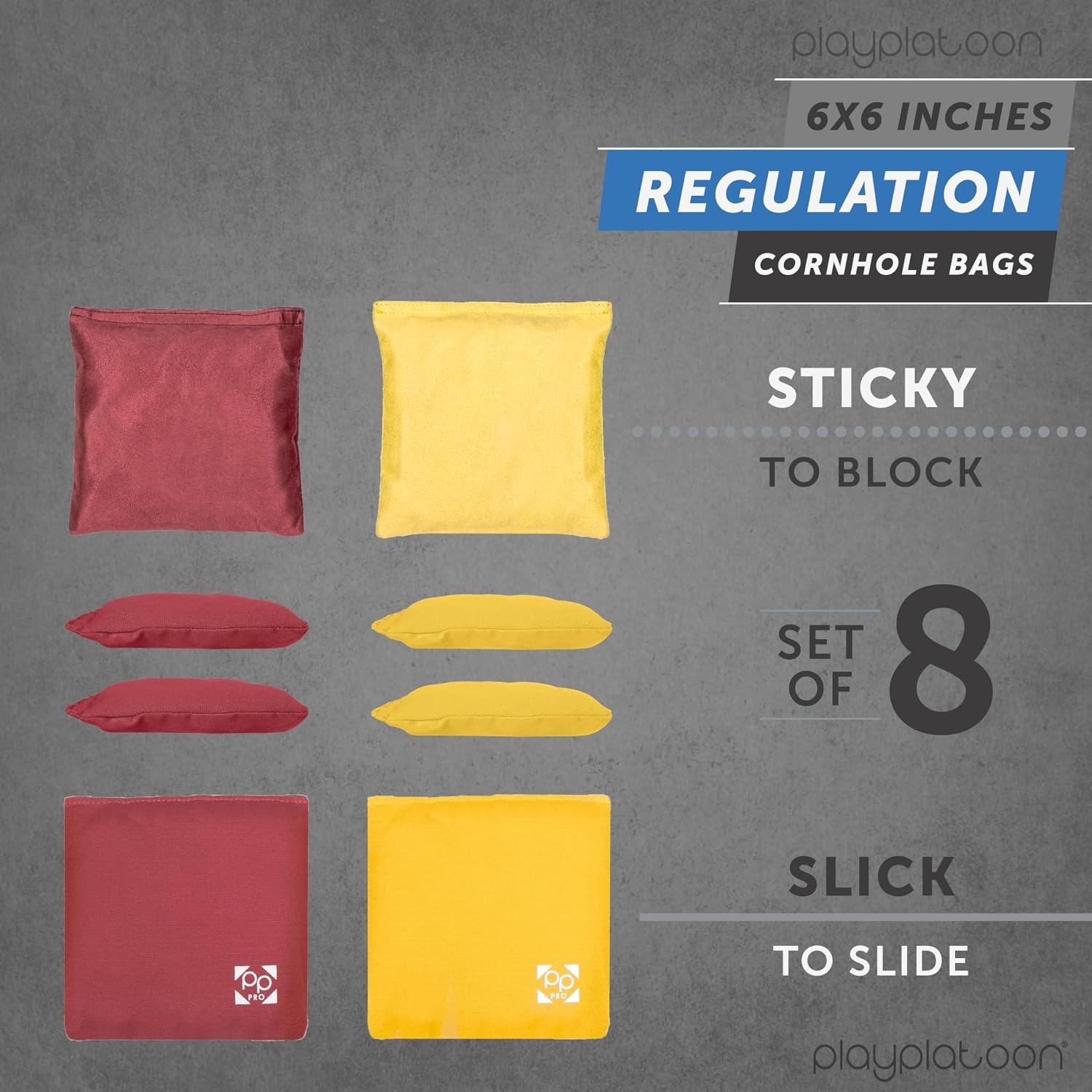 Professional Cornhole Bags – Set of 8 Regulation All Weather Double Sided – Sticky Side/Slick Side Bean Bags for Pro Corn Hole Game(Burgundy & Yellow)