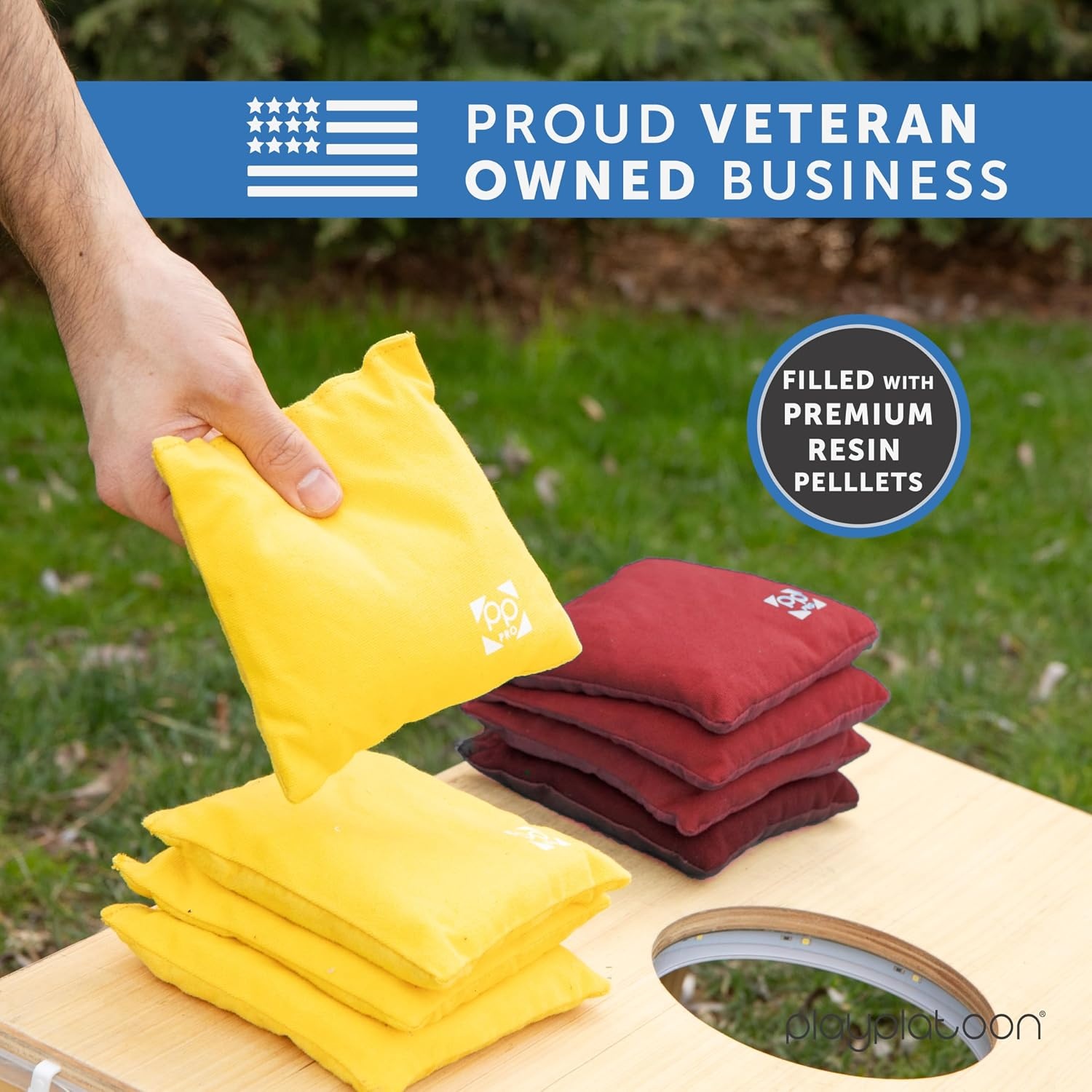 Professional Cornhole Bags – Set of 8 Regulation All Weather Double Sided – Sticky Side/Slick Side Bean Bags for Pro Corn Hole Game(Burgundy & Yellow) - view 5