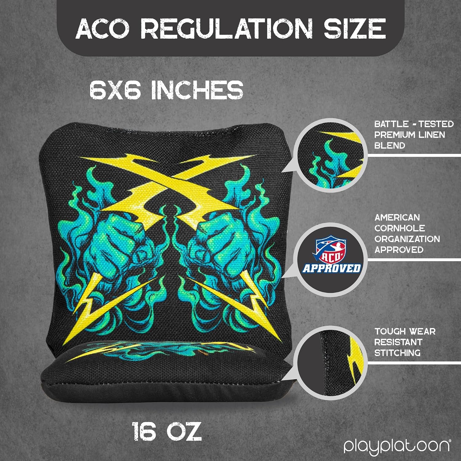 Play Platoon Cornhole Bags Set of 8 Regulation Professional Corn Hole Bean Bags ACO Approved, Competition Weight, Slick and Stick(Black/Teal Zeus)