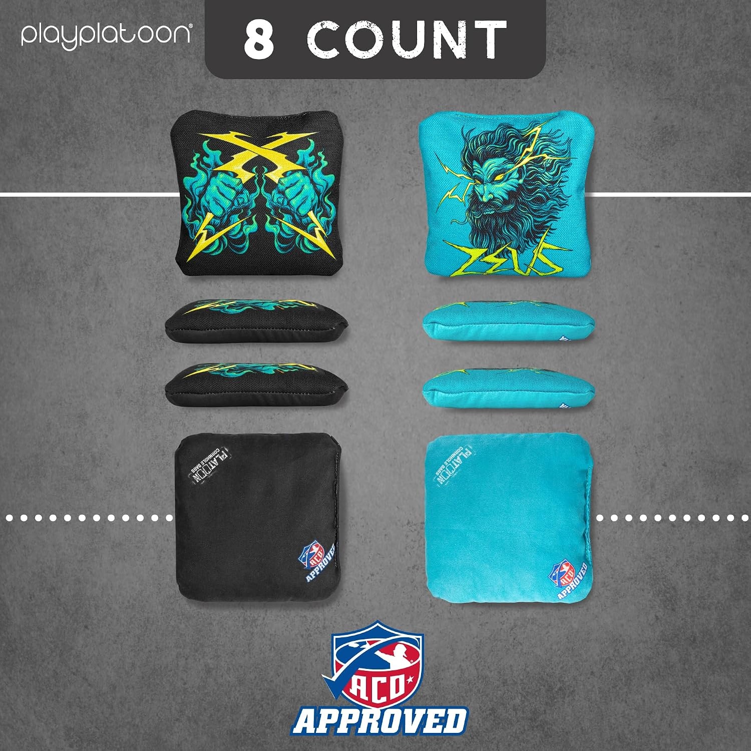 Play Platoon Cornhole Bags Set of 8 Regulation Professional Corn Hole Bean Bags ACO Approved, Competition Weight, Slick and Stick(Black/Teal Zeus) - view 5