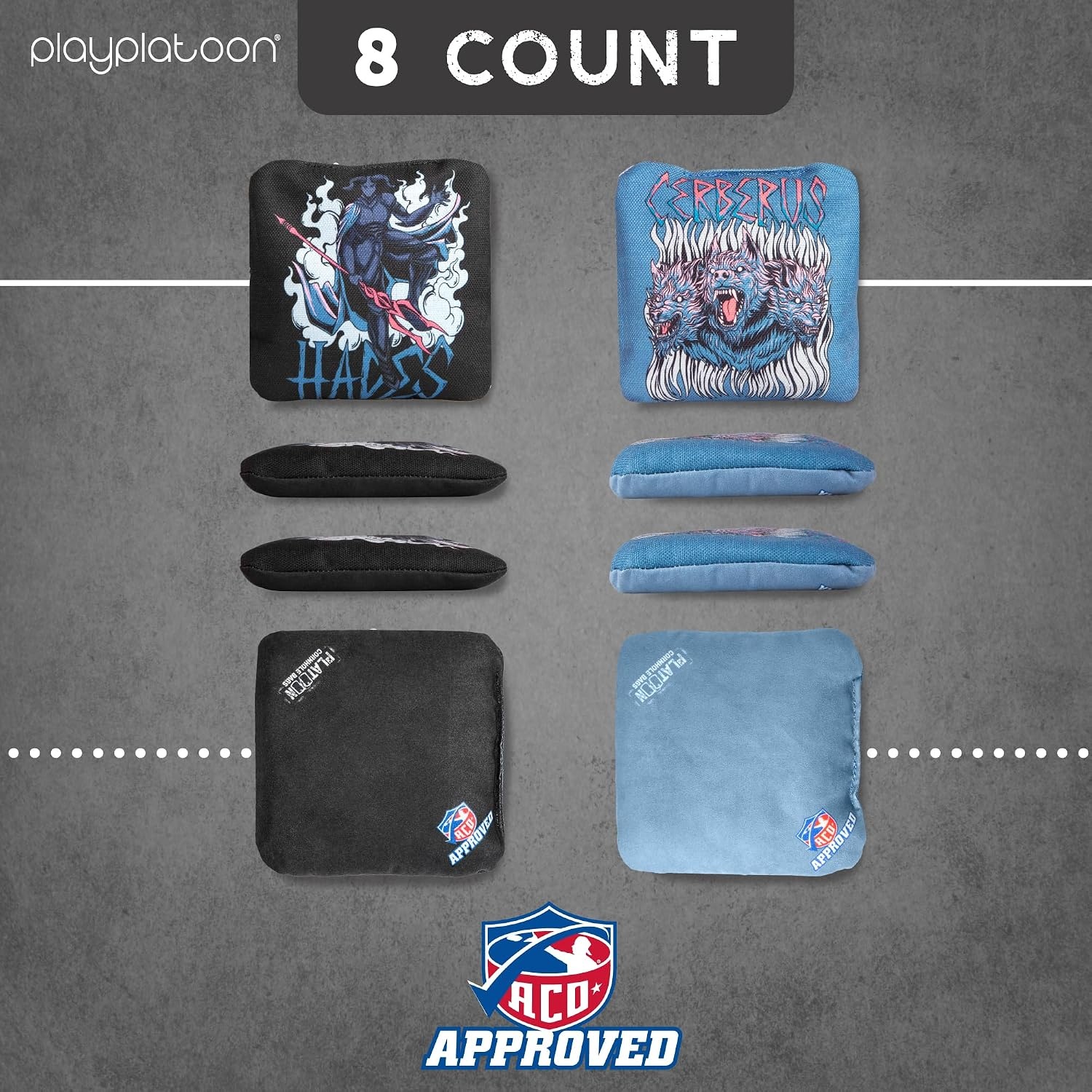 Play Platoon Cornhole Bags Set of 8 Regulation Professional Corn Hole Bean Bags ACO Approved, Competition Weight, Slick and Stick(Black/ Slate Blue Hades & Cerberus) - view 5