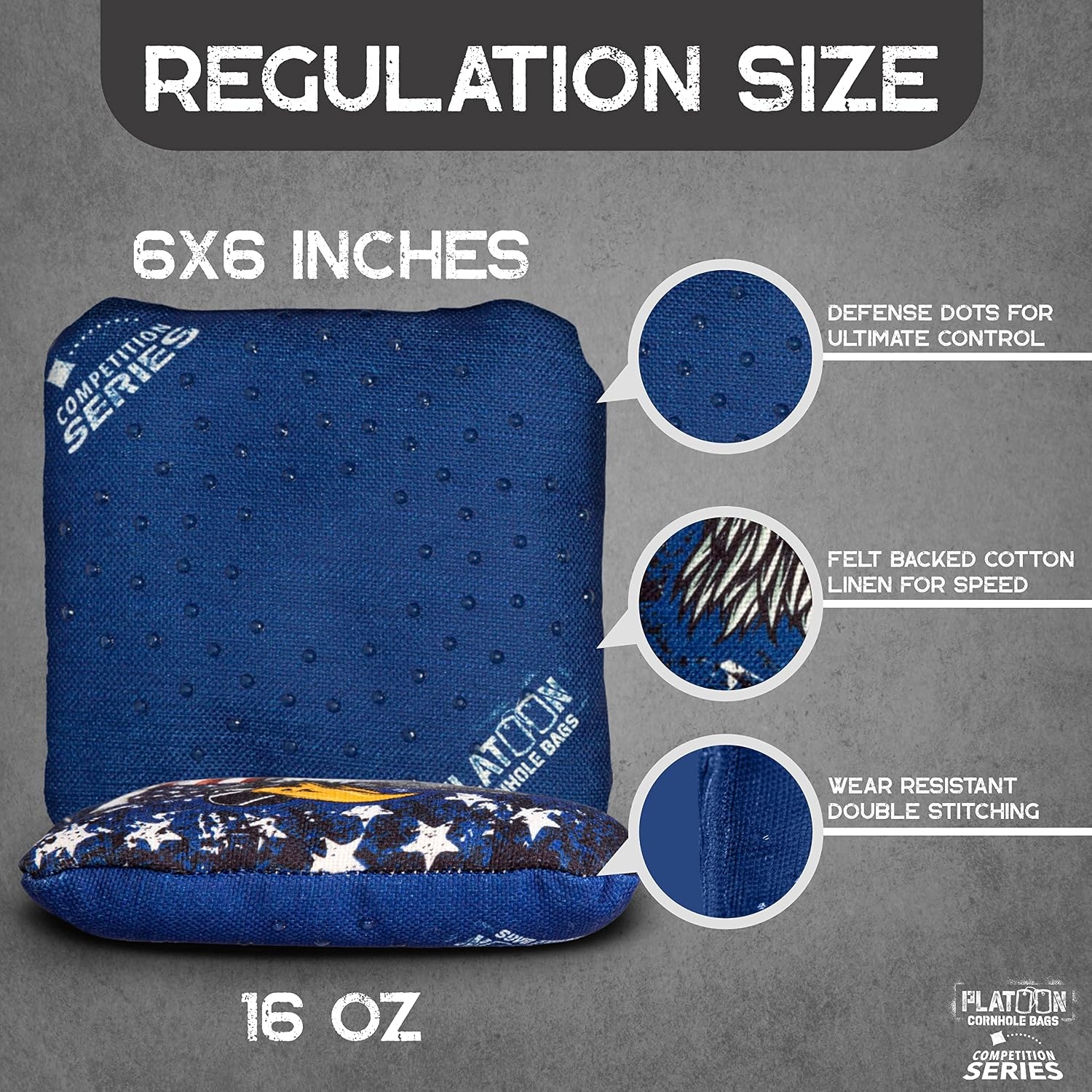 Play Platoon Competition Series Cornhole Bags Set of 8 Regulation Professional Weight Double Sided Slick and Stick with Rubber Sticky Dot Slow Side for Pro Corn Hole Bean Bag Toss Game-Designed in USA(Stars/Stripes Eagle)