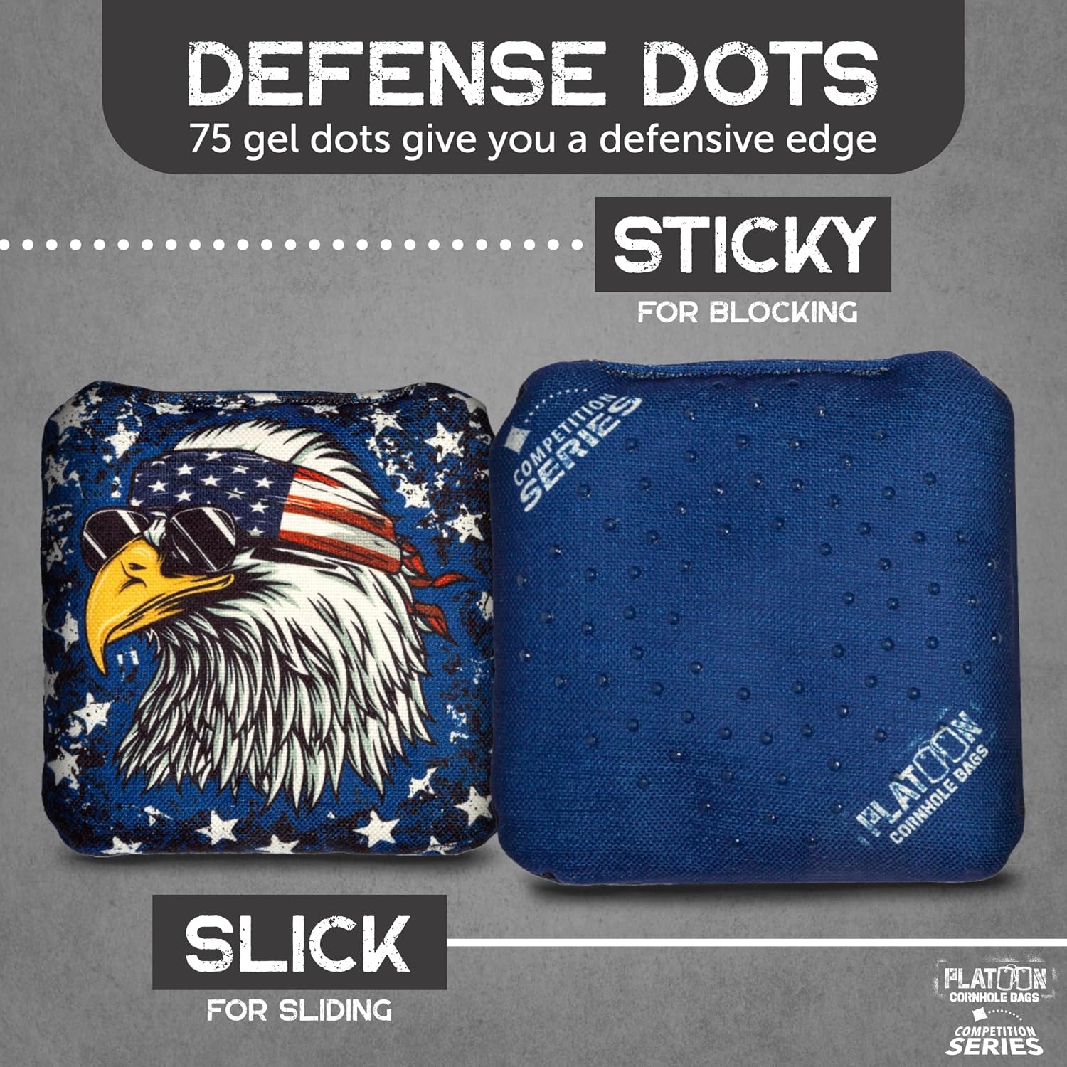 Play Platoon Competition Series Cornhole Bags Set of 8 Regulation Professional Weight Double Sided Slick and Stick with Rubber Sticky Dot Slow Side for Pro Corn Hole Bean Bag Toss Game-Designed in USA(Stars/Stripes Eagle) - view 2