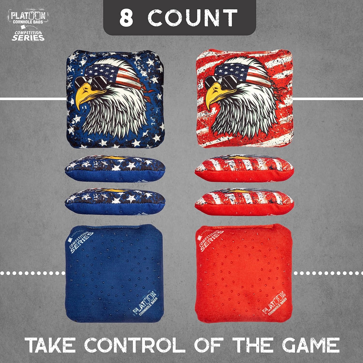Play Platoon Competition Series Cornhole Bags Set of 8 Regulation Professional Weight Double Sided Slick and Stick with Rubber Sticky Dot Slow Side for Pro Corn Hole Bean Bag Toss Game-Designed in USA(Stars/Stripes Eagle) - view 5