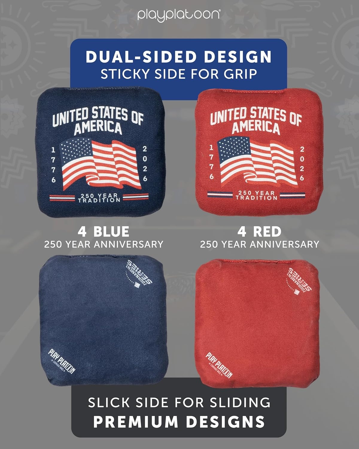 Play Platoon Pro Cornhole Bags Set of 8 – Professional Dual Sided Slick and Sticky Side Competition Corn Hole Bags – Tournament Series(Blue/Red 250th Anniversary)