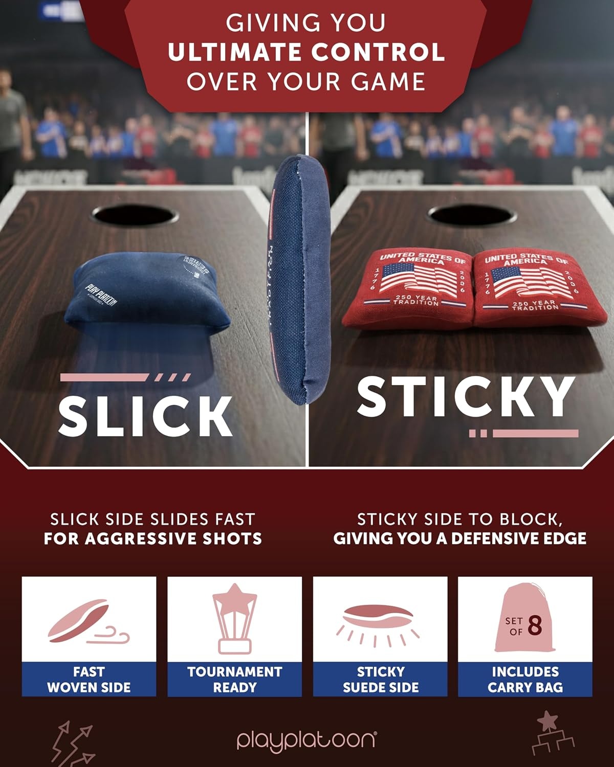Play Platoon Pro Cornhole Bags Set of 8 – Professional Dual Sided Slick and Sticky Side Competition Corn Hole Bags – Tournament Series(Blue/Red 250th Anniversary) - view 3