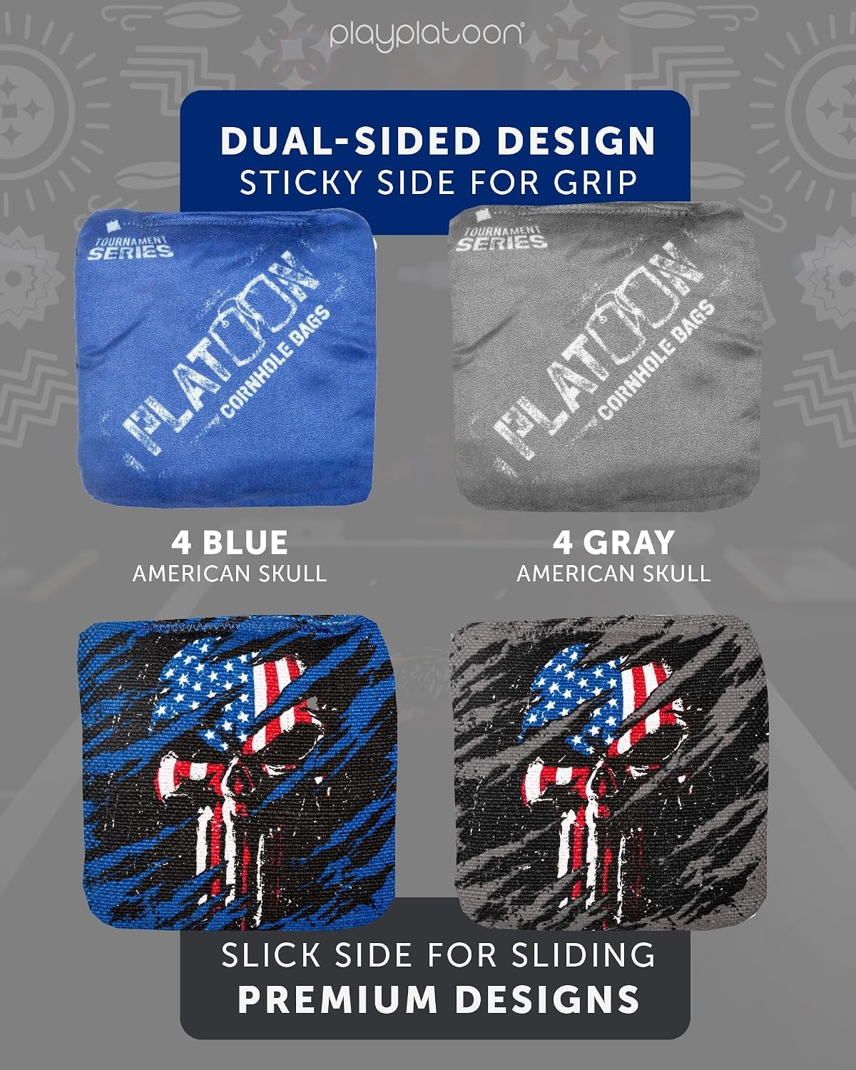 Play Platoon Pro Cornhole Bags Set of 8 – Professional Dual Sided Slick and Sticky Side Competition Corn Hole Bags – Tournament Series(Blue / Gray American Skull)