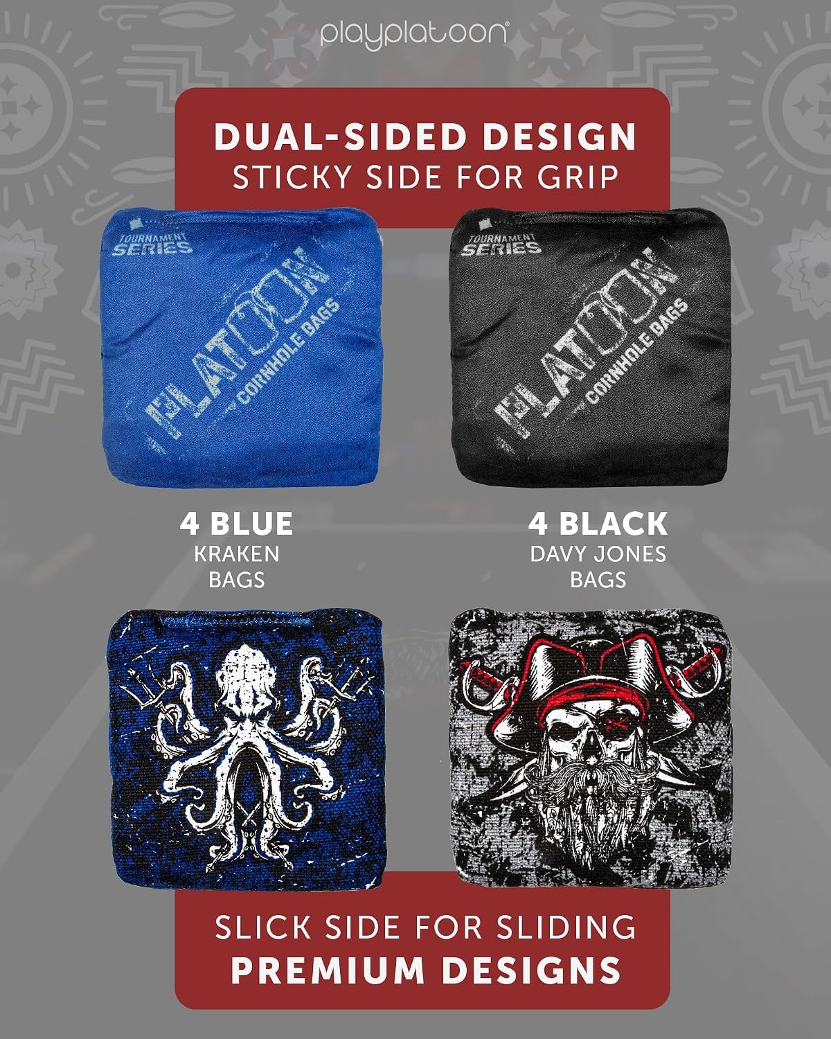 Play Platoon Pro Cornhole Bags Set of 8 – Professional Dual Sided Slick and Sticky Side Competition Corn Hole Bags – Tournament Series(Gray / Blue Pirates and Krakens)