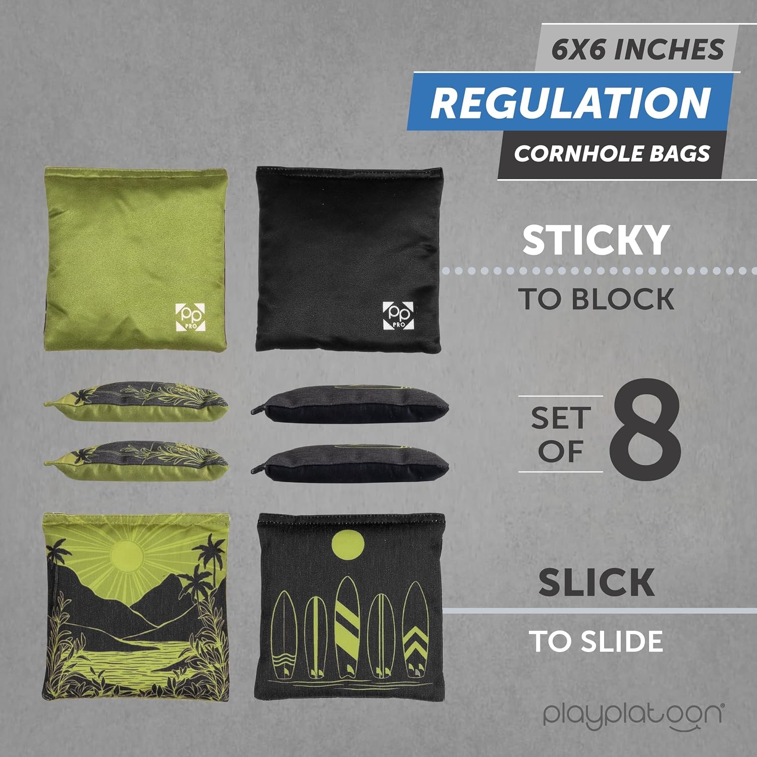 Professional Cornhole Bags – Set of 8 Regulation All Weather Double Sided – Sticky Side/Slick Side Bean Bags for Pro Corn Hole Game(Green / Black Surf Spot)