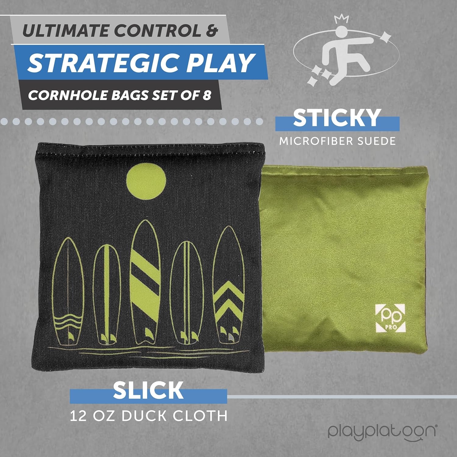 Professional Cornhole Bags – Set of 8 Regulation All Weather Double Sided – Sticky Side/Slick Side Bean Bags for Pro Corn Hole Game(Green / Black Surf Spot) - view 2