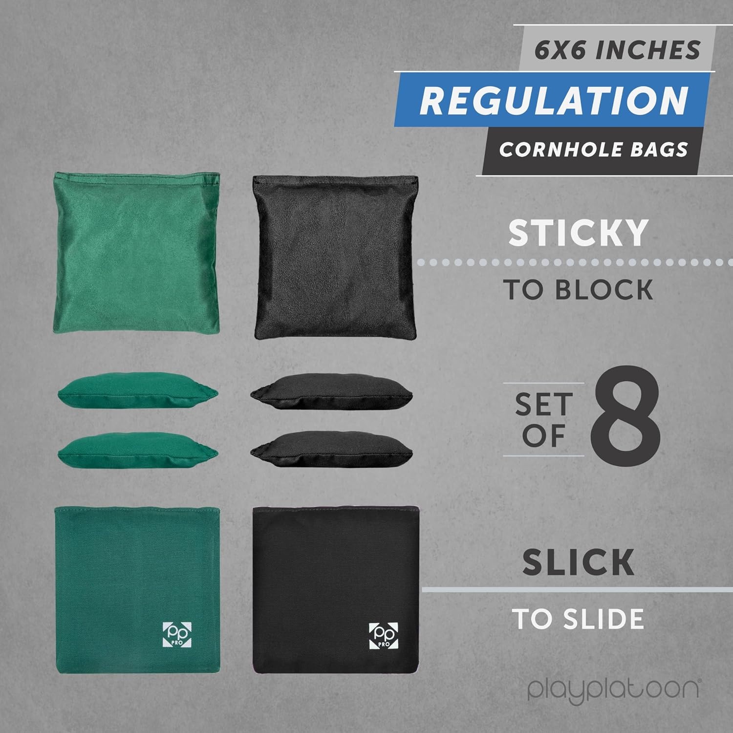 Professional Cornhole Bags – Set of 8 Regulation All Weather Double Sided – Sticky Side/Slick Side Bean Bags for Pro Corn Hole Game(Hunter Green & Black)