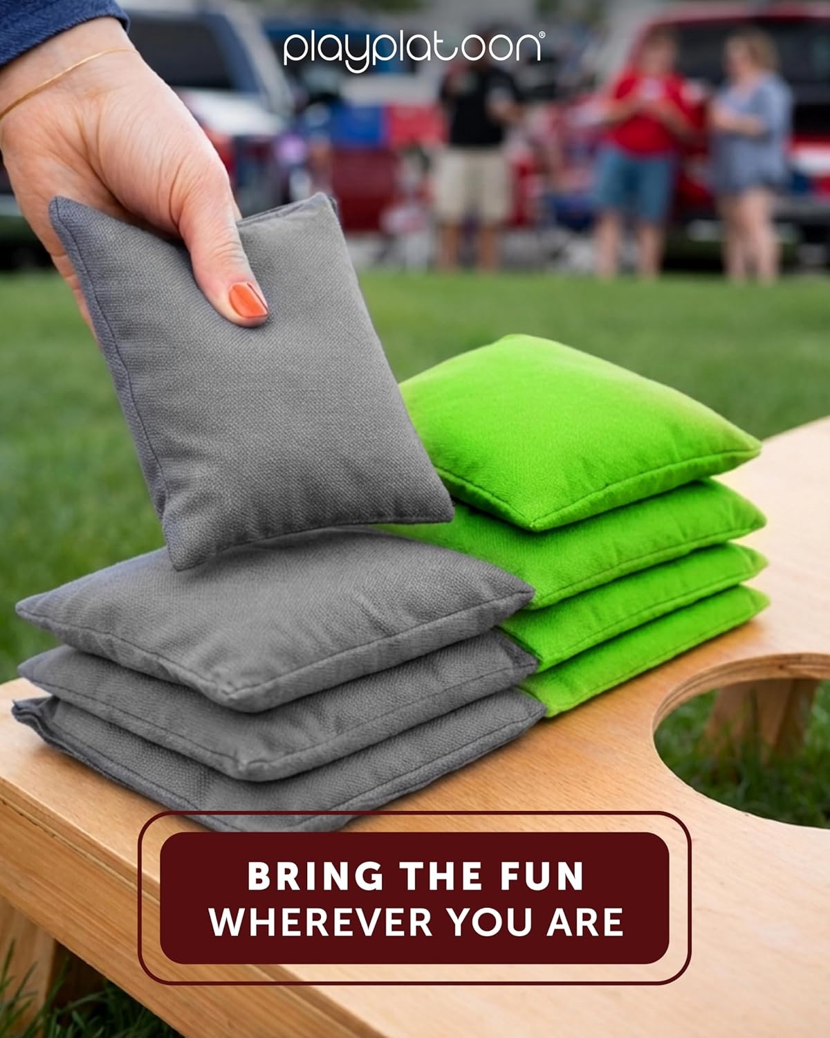 Play Platoon Premium Weather Resistant Duckcloth Cornhole Bags – Set of 8 Bean Bags for Corn Hole Game – Regulation Size & Weight(Lime Green & Gray) - view 2