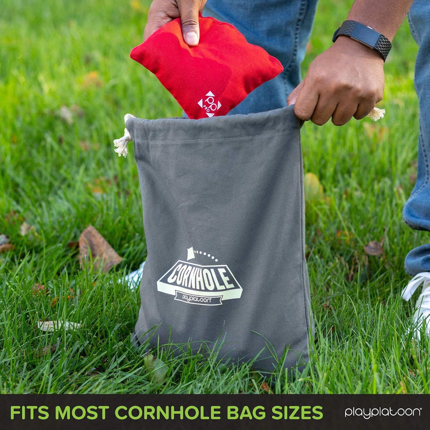 Play Platoon Cornhole Bag Holder – Tote Bag for Carrying Corn Hole Bean Bags(8  Gray String) - view 2