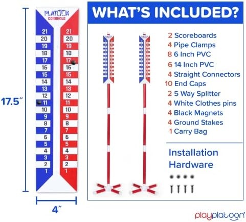 Play Platoon Cornhole Scoreboard Vertical Score Keeper Board & Accessories 4 Magnets, 4 Clothes Pin, PVC Tower Stand & Carry Bag Holder for Professional Corn Hole Bag Tournament(Scoreboard and Tower – 2 Pack)