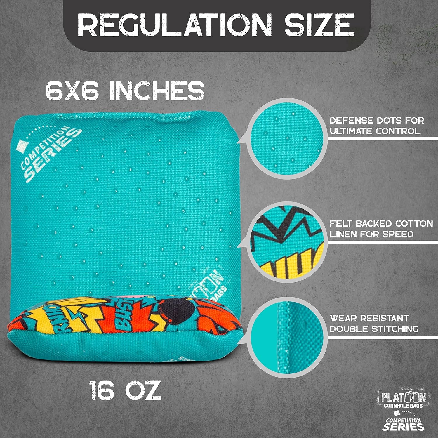 Play Platoon Competition Series Cornhole Bags Set of 8 Regulation Professional Weight Double Sided Slick and Stick with Rubber Sticky Dot Slow Side for Pro Corn Hole Bean Bag Toss Game-Designed in USA(Red/Electric Blue Pop Graphic)