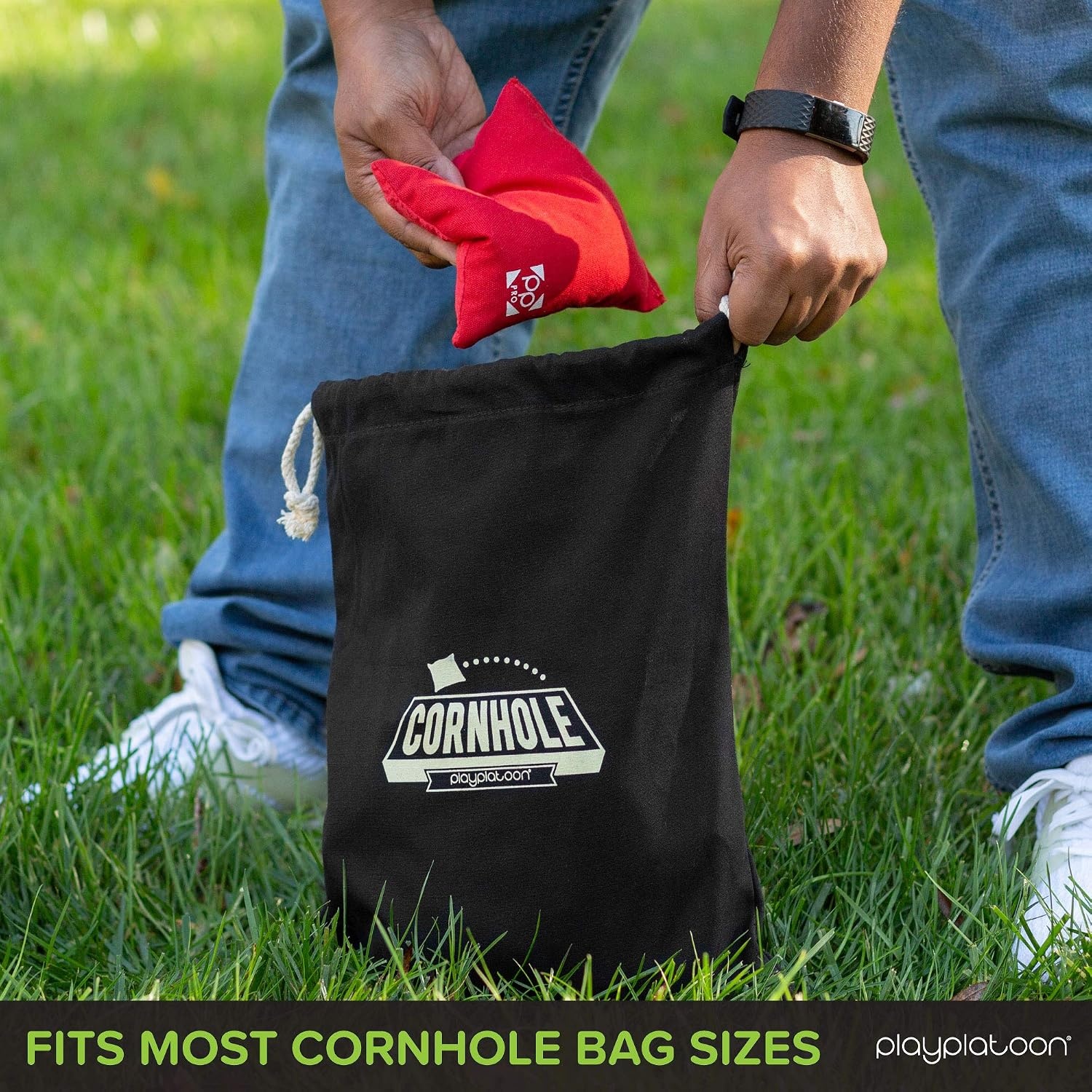 Play Platoon Cornhole Bag Holder – Tote Bag for Carrying Corn Hole Bean Bags(8  Black String) - view 2