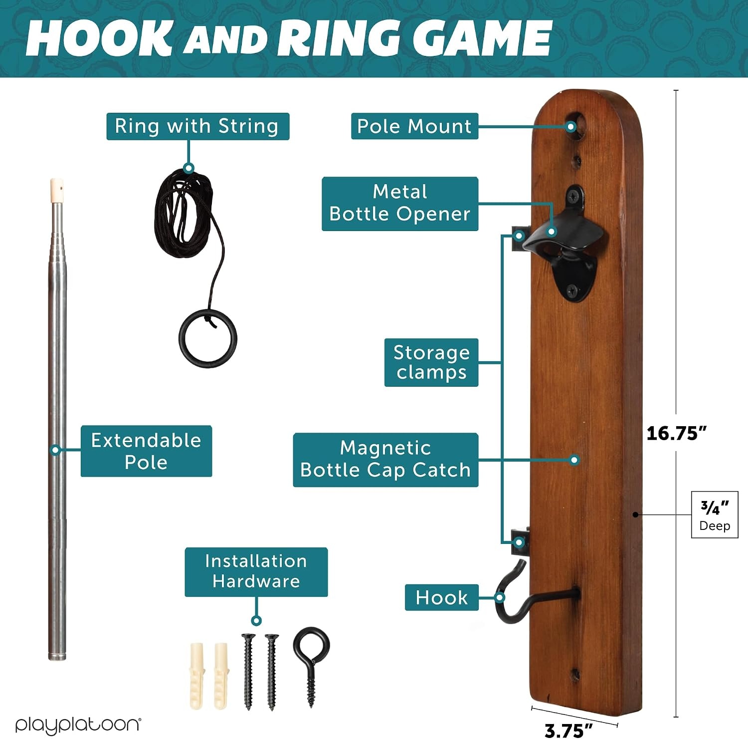 Play Platoon Hook and Ring Toss Bar Game for Adults – Wood Toss Ring Game for Adults – Perfect Home, Basements, & Bar Gifts(Brown with Pole) - view 3