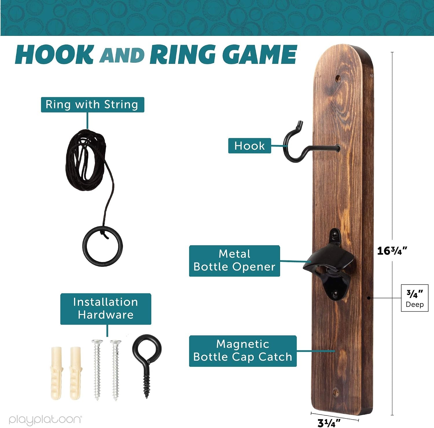 Play Platoon Hook and Ring Toss Bar Game for Adults – Wood Toss Ring Game for Adults – Perfect Home, Basements, & Bar Gifts(Rustic Brown Wood)