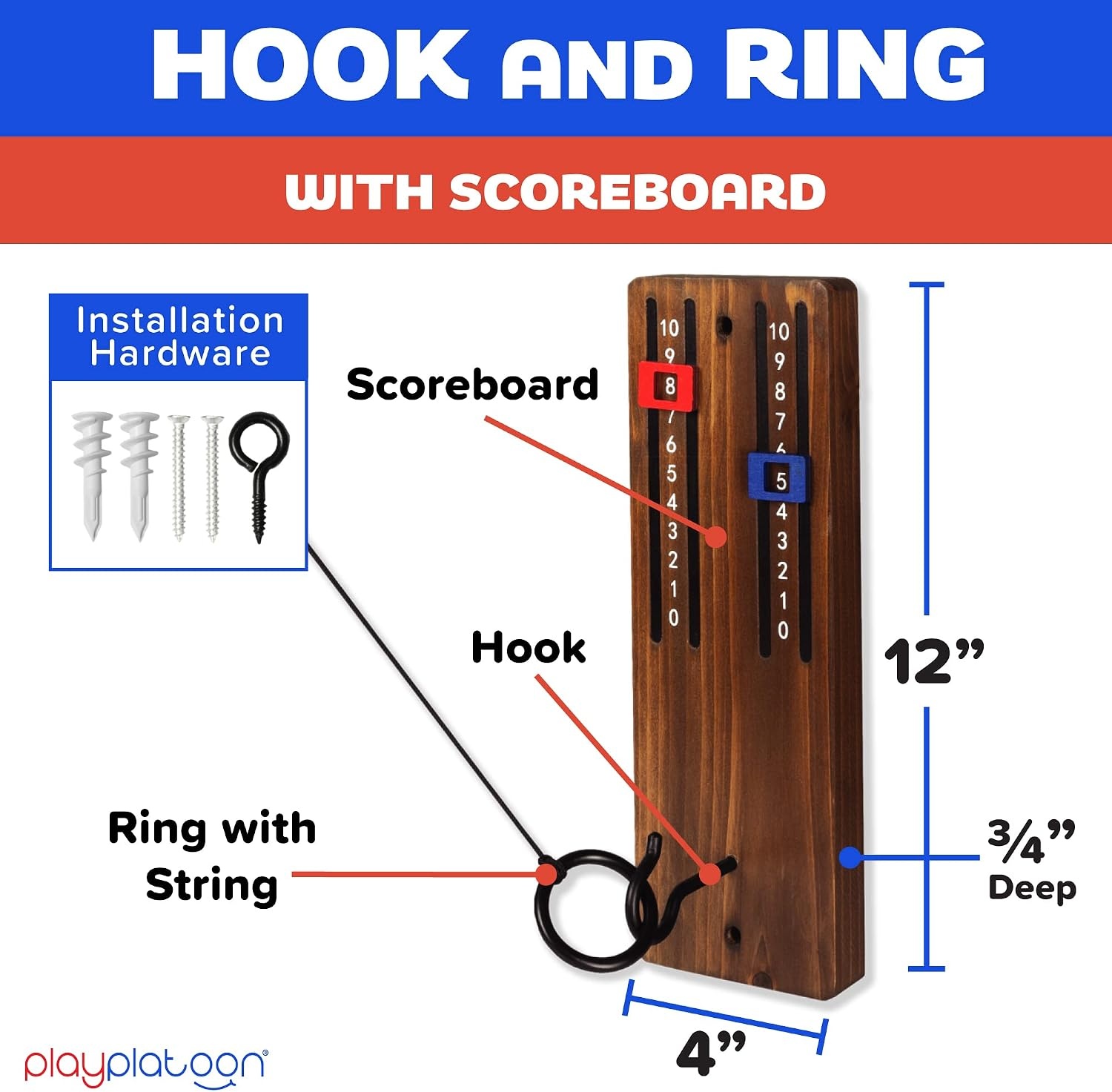 Play Platoon Hook and Ring Toss Bar Game for Adults – Wood Toss Ring Game for Adults – Perfect Home, Basements, & Bar Gifts(Scoreboard Brown)