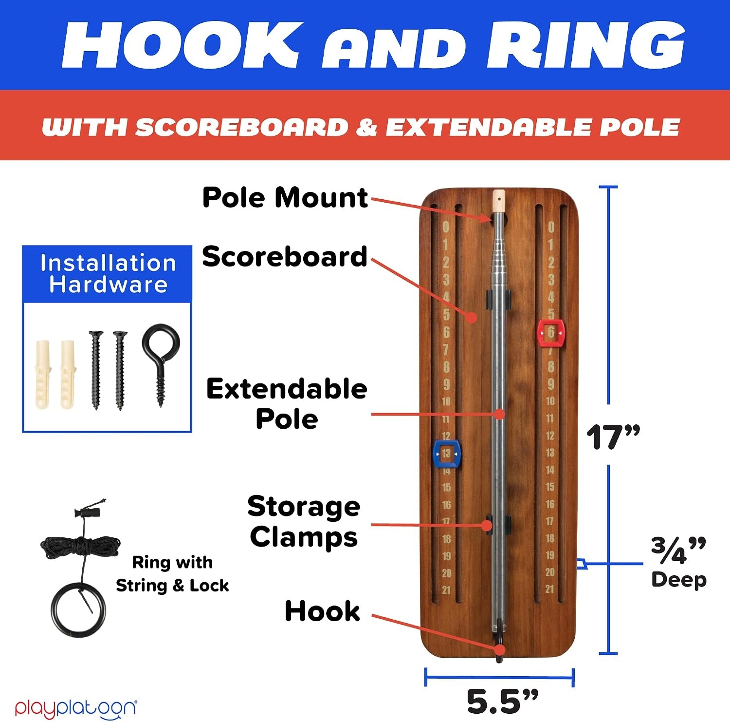 Play Platoon Hook and Ring Toss Bar Game for Adults – Wood Toss Ring Game for Adults – Perfect Home, Basements, & Bar Gifts(Scoreboard Brown with Pole) - view 3