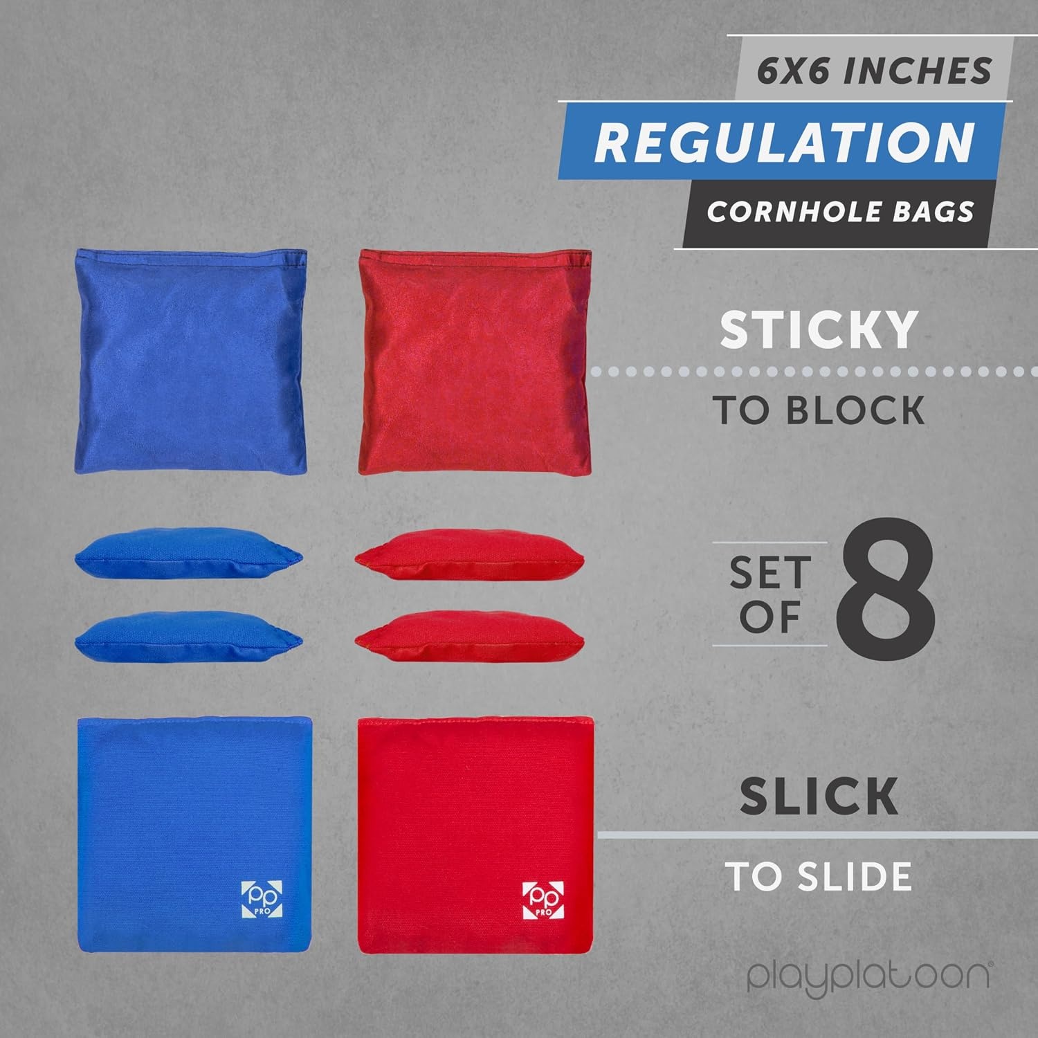 Professional Cornhole Bags – Set of 8 Regulation All Weather Double Sided – Sticky Side/Slick Side Bean Bags for Pro Corn Hole Game(Red & Blue)