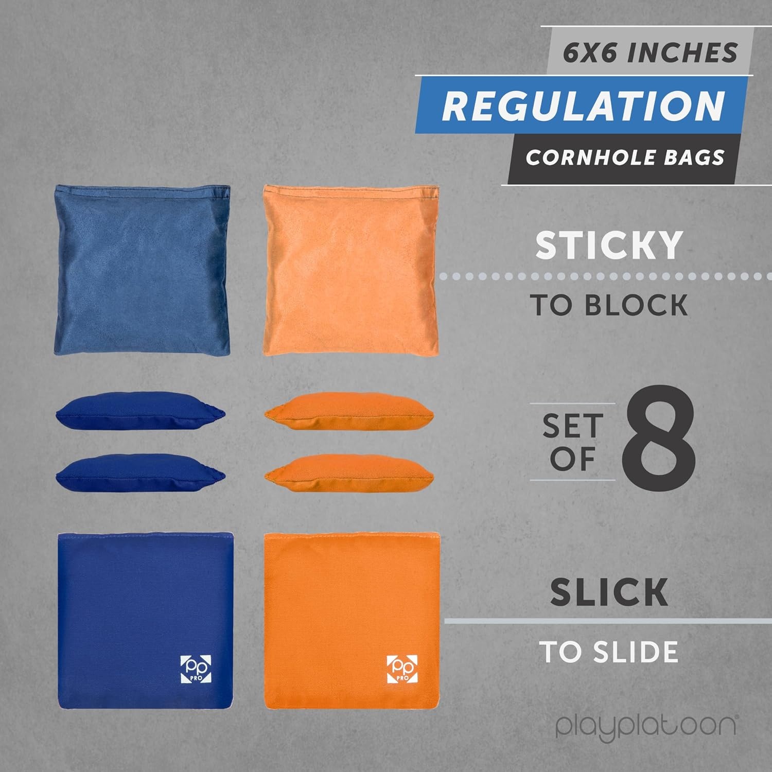 Professional Cornhole Bags – Set of 8 Regulation All Weather Double Sided – Sticky Side/Slick Side Bean Bags for Pro Corn Hole Game(Orange & Navy Blue)