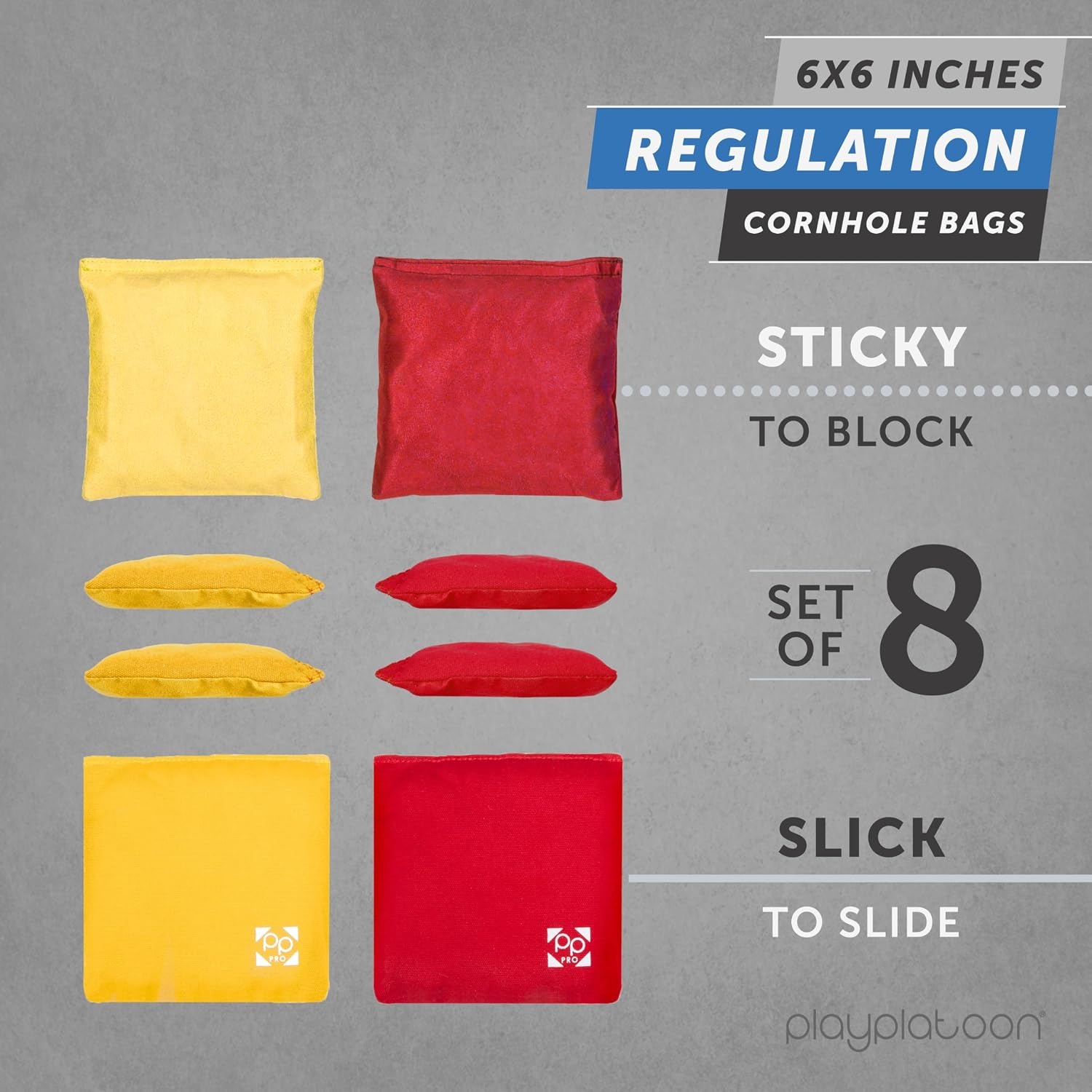 Professional Cornhole Bags – Set of 8 Regulation All Weather Double Sided – Sticky Side/Slick Side Bean Bags for Pro Corn Hole Game(Red & Yellow)